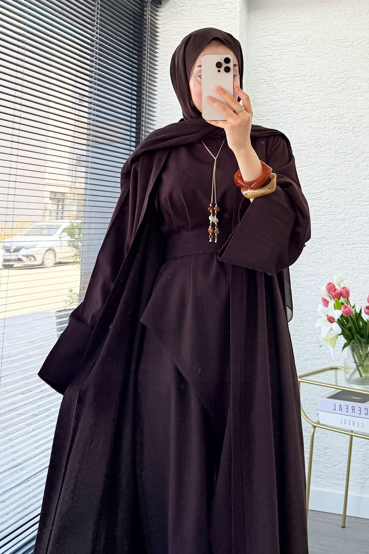 Premium Miena Keten Üçlü Abaya Takım - Kahverengi