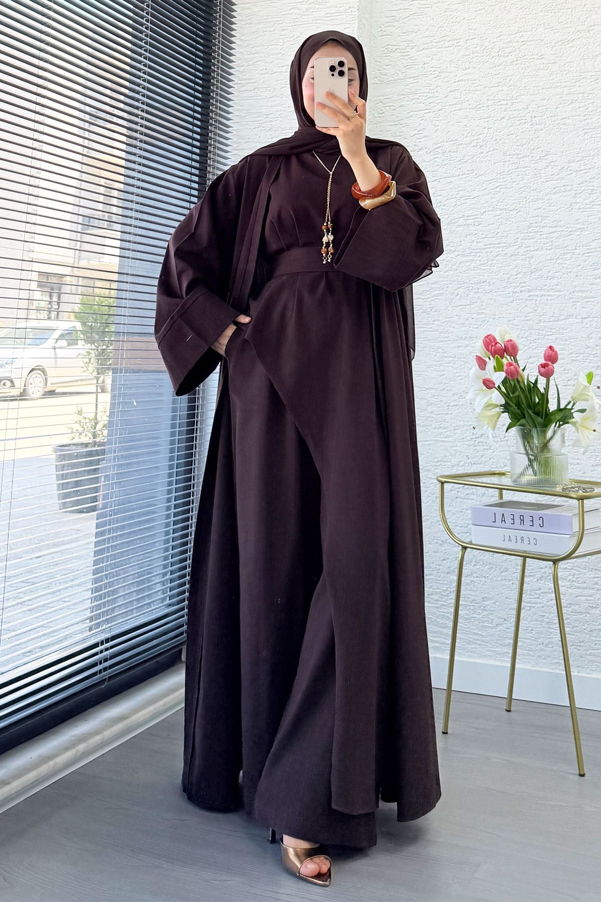 Premium Miena Keten Üçlü Abaya Takım - Kahverengi