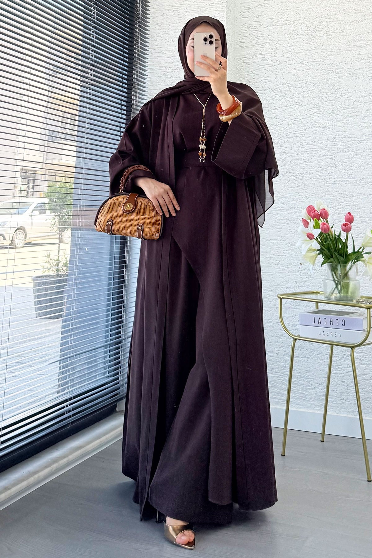Premium Miena Keten Üçlü Abaya Takım - Kahverengi