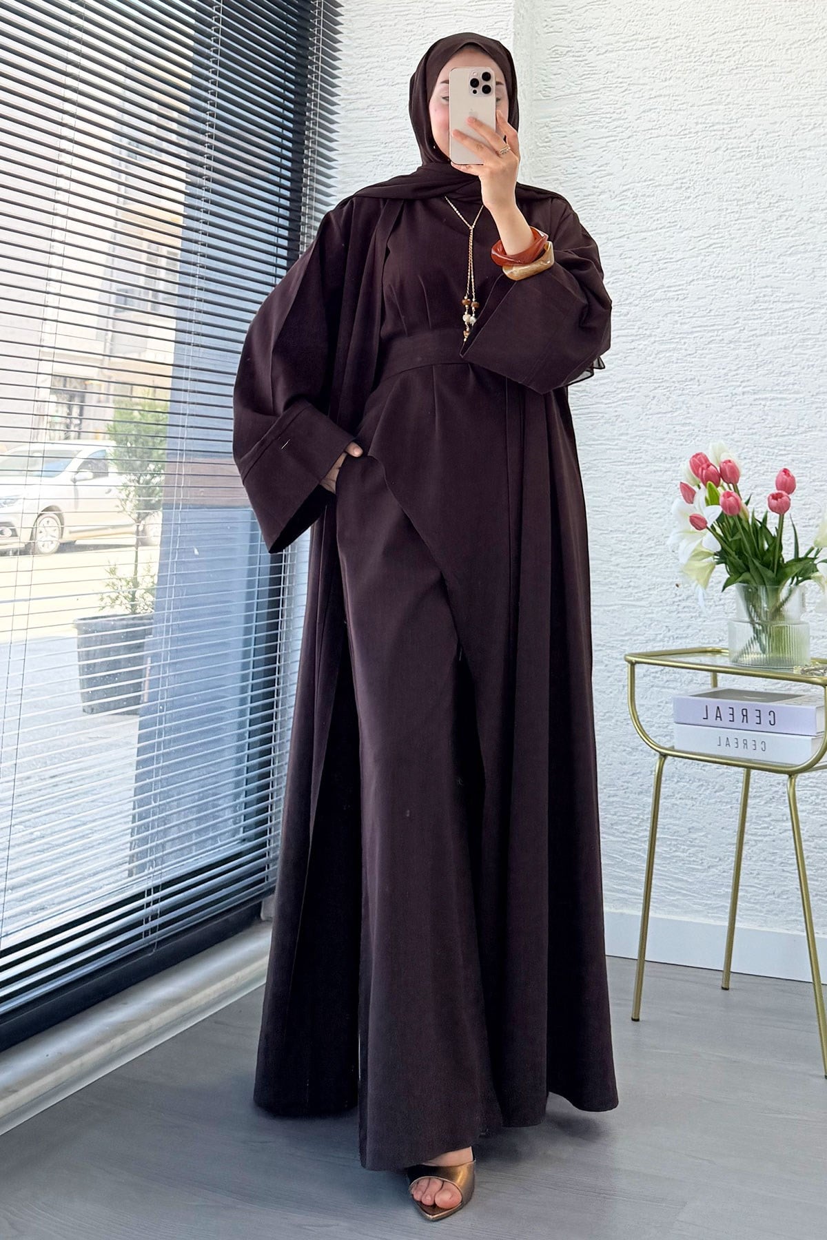 Premium Miena Keten Üçlü Abaya Takım - Kahverengi