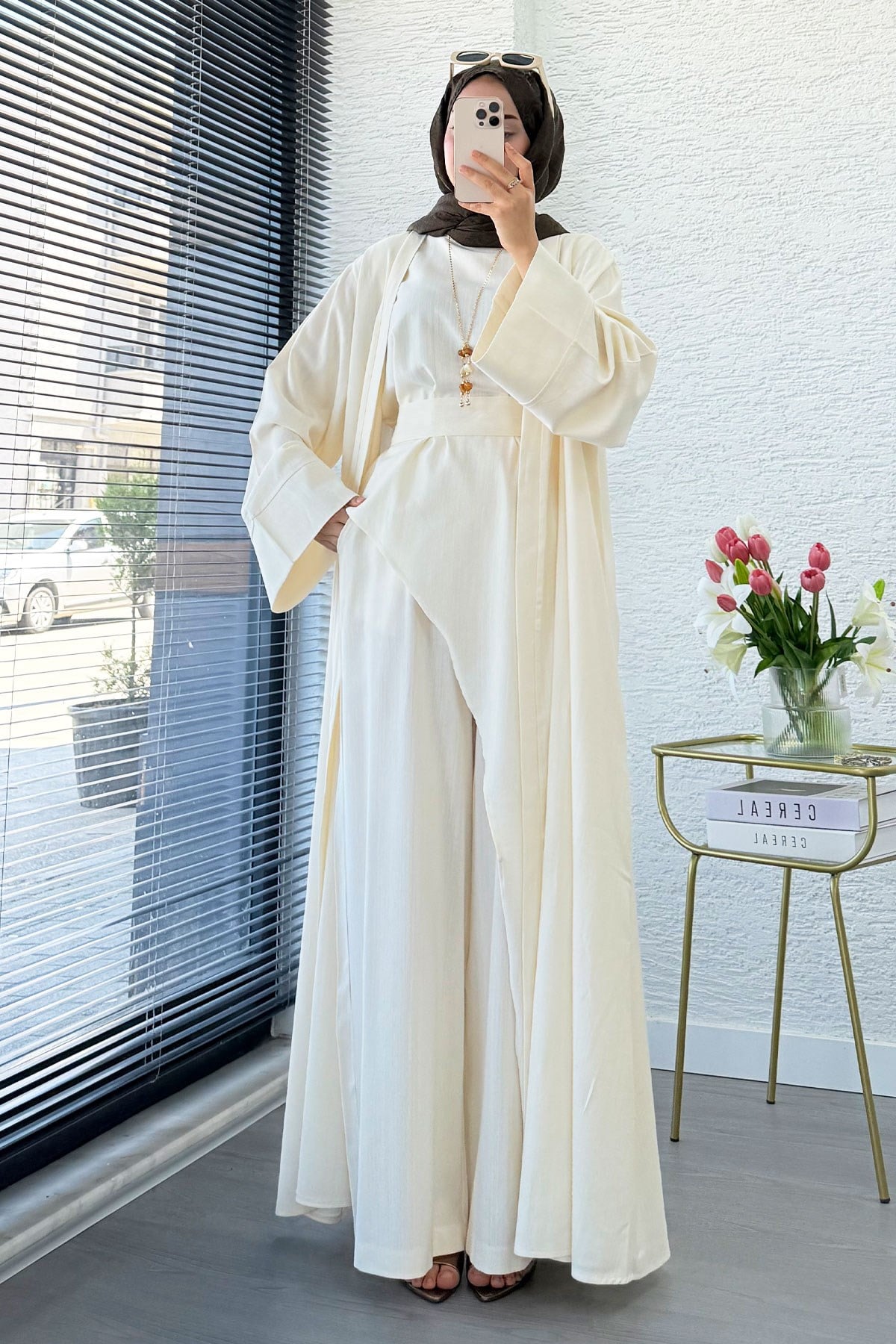 Premium Miena Keten Üçlü Abaya Takım - Naturel