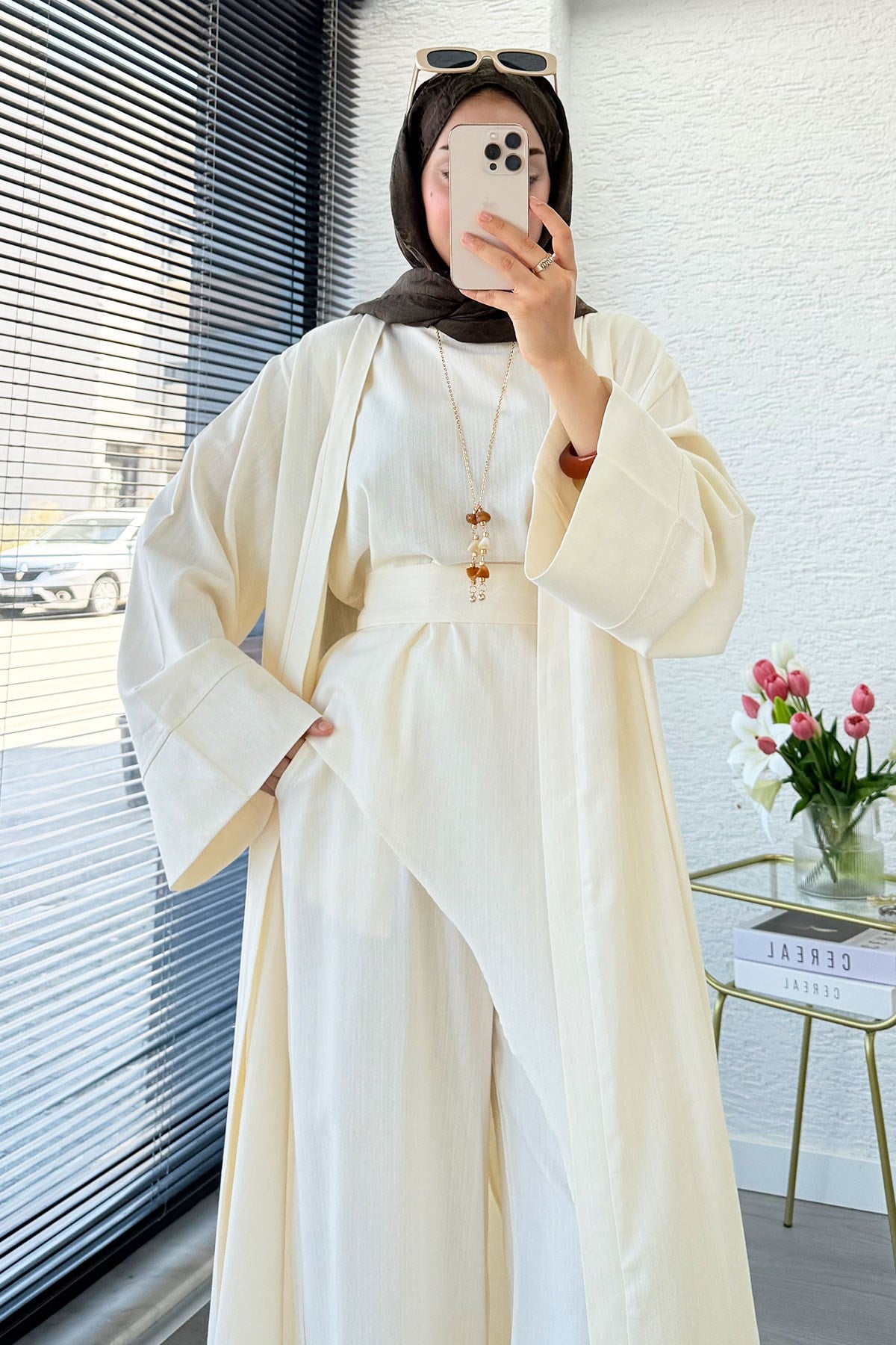 Premium Miena Keten Üçlü Abaya Takım - Naturel