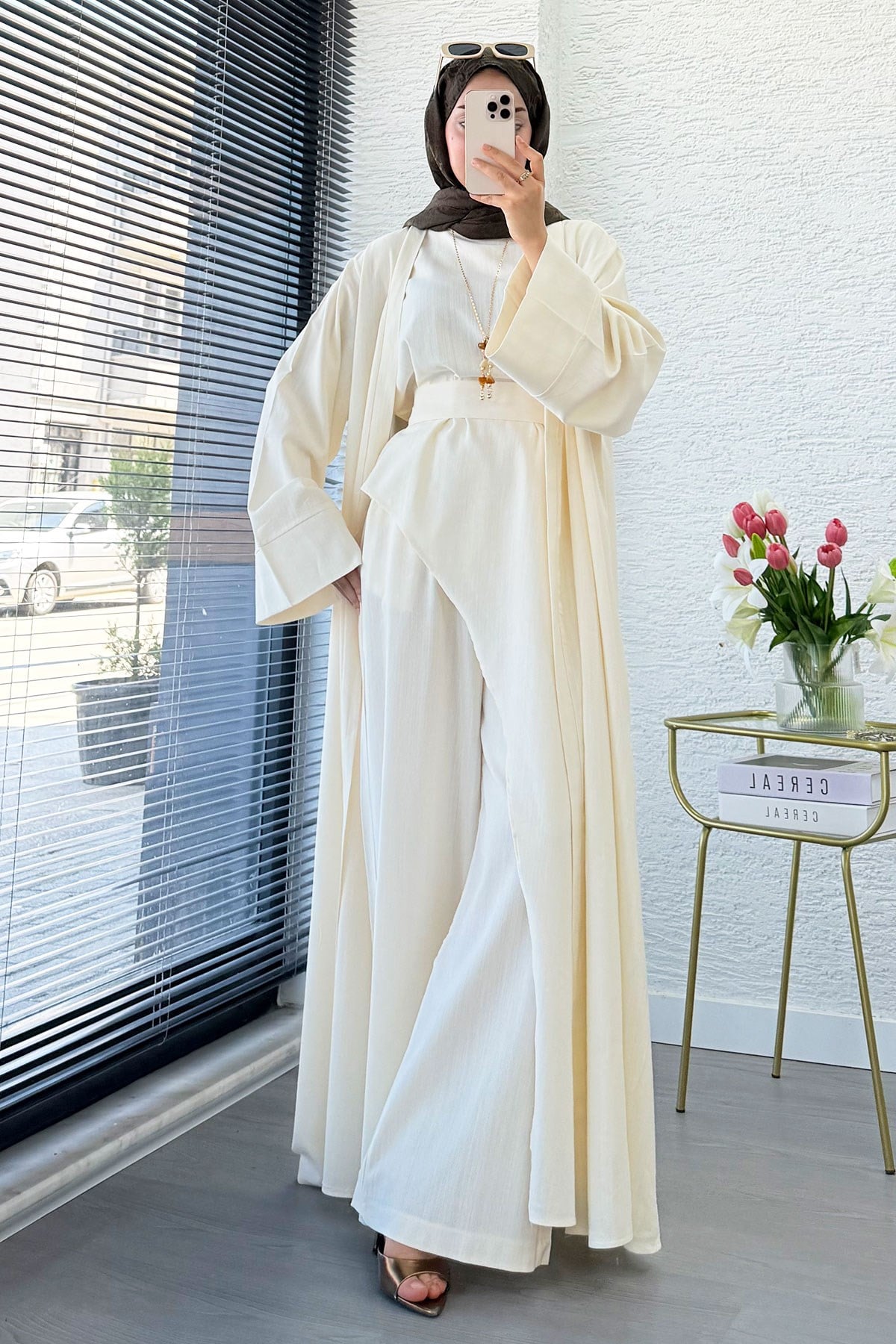 Premium Miena Keten Üçlü Abaya Takım - Naturel