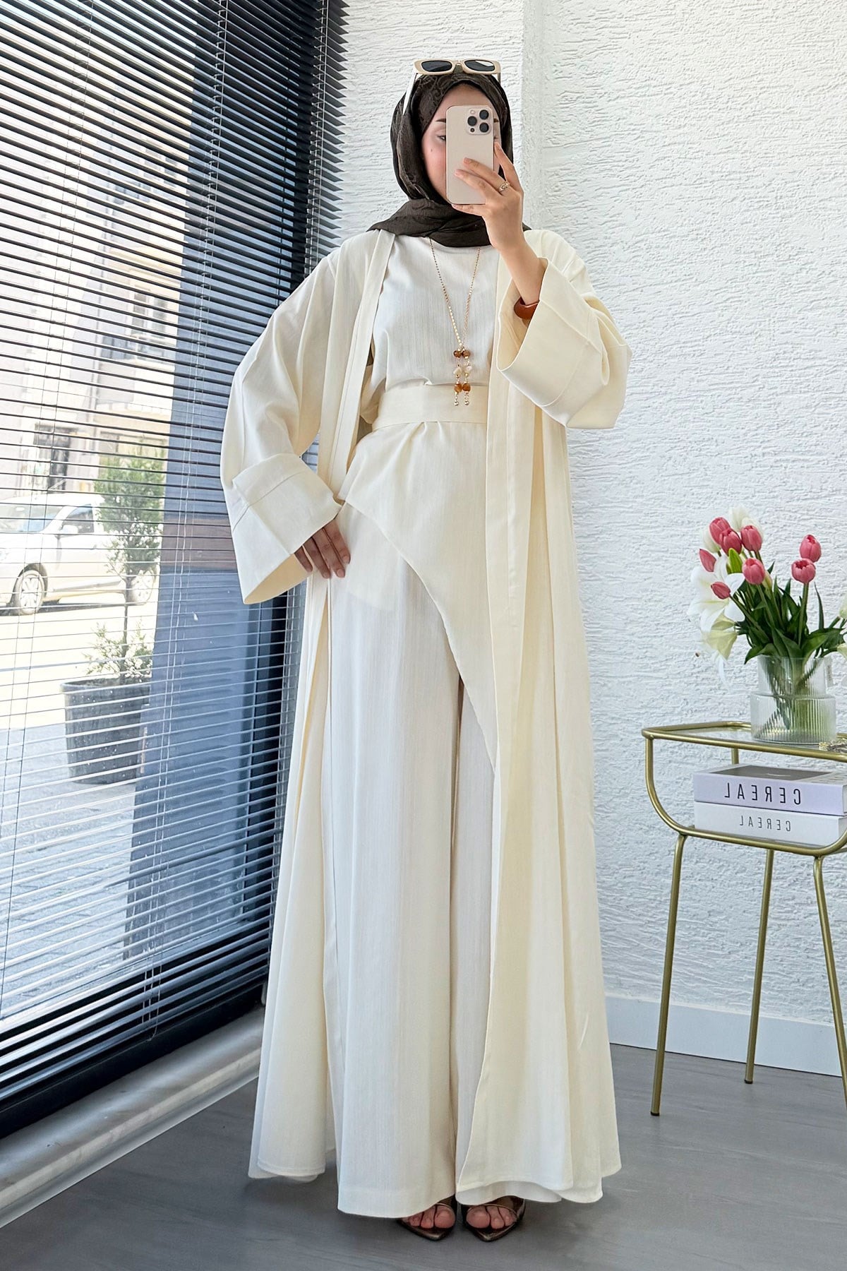 Premium Miena Keten Üçlü Abaya Takım - Naturel