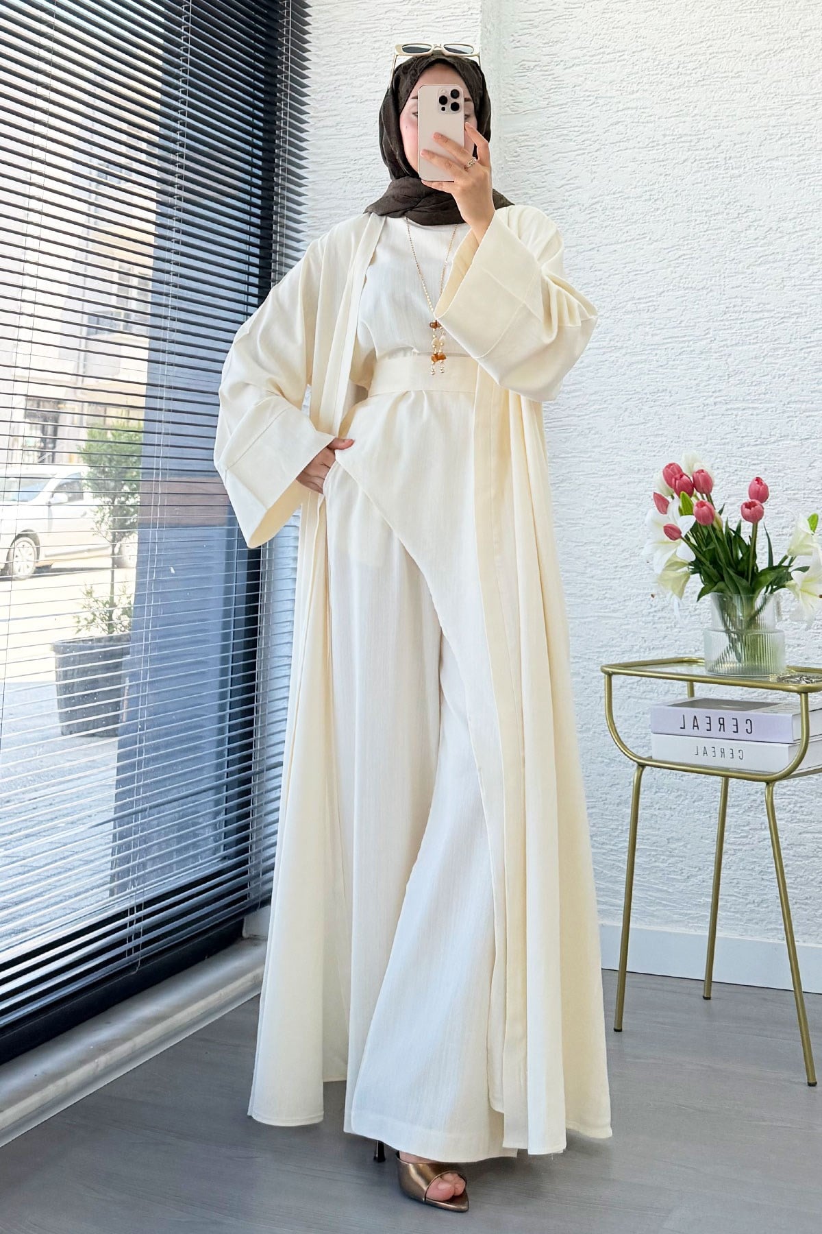 Premium Miena Keten Üçlü Abaya Takım - Naturel