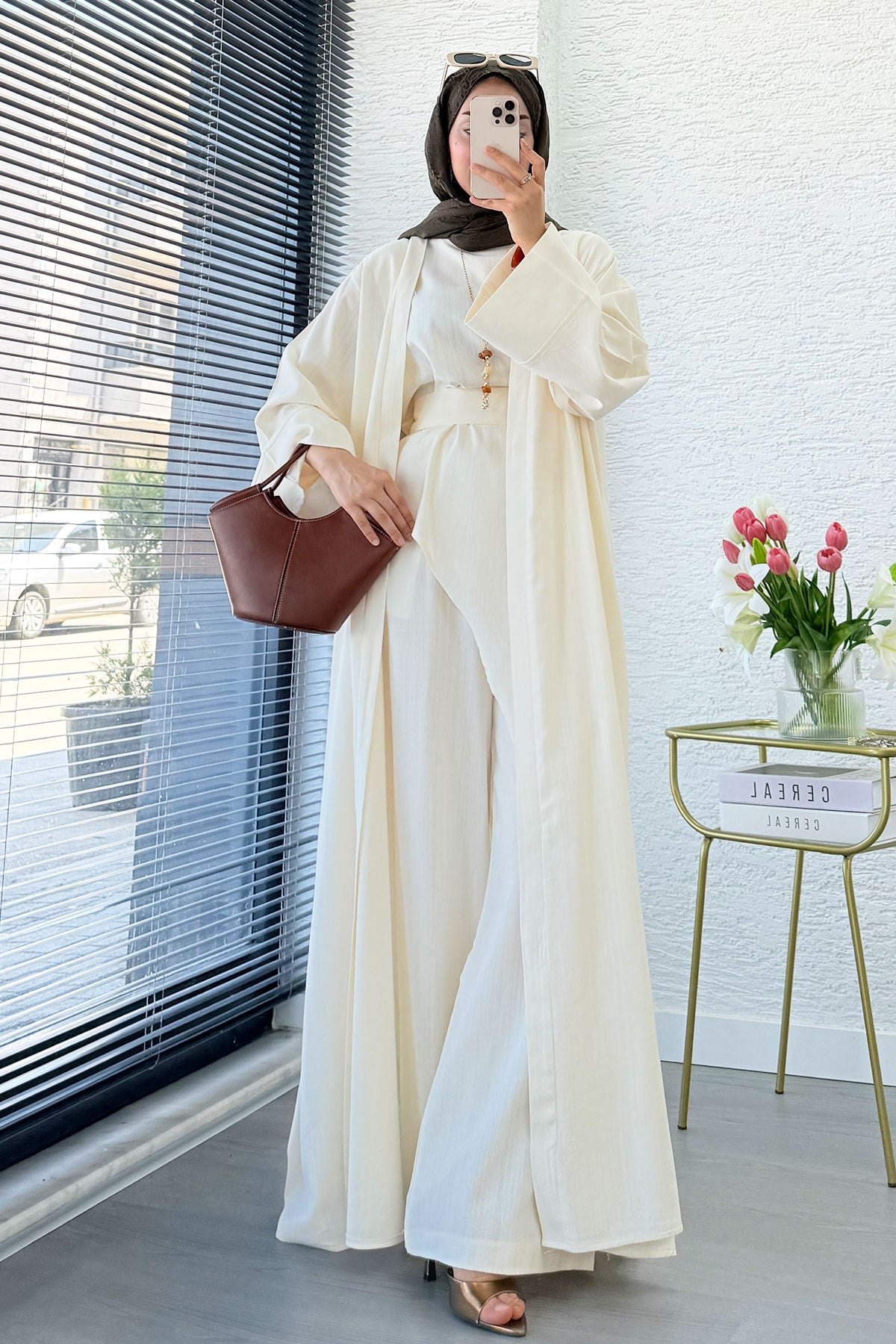 Premium Miena Keten Üçlü Abaya Takım - Naturel