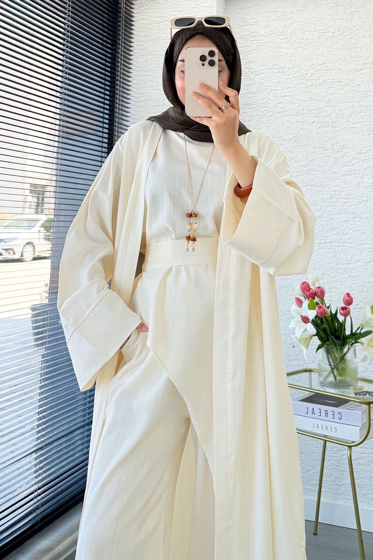 Premium Miena Keten Üçlü Abaya Takım - Naturel
