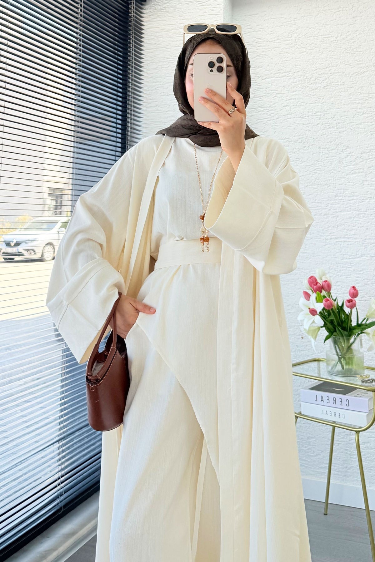Premium Miena Keten Üçlü Abaya Takım - Naturel