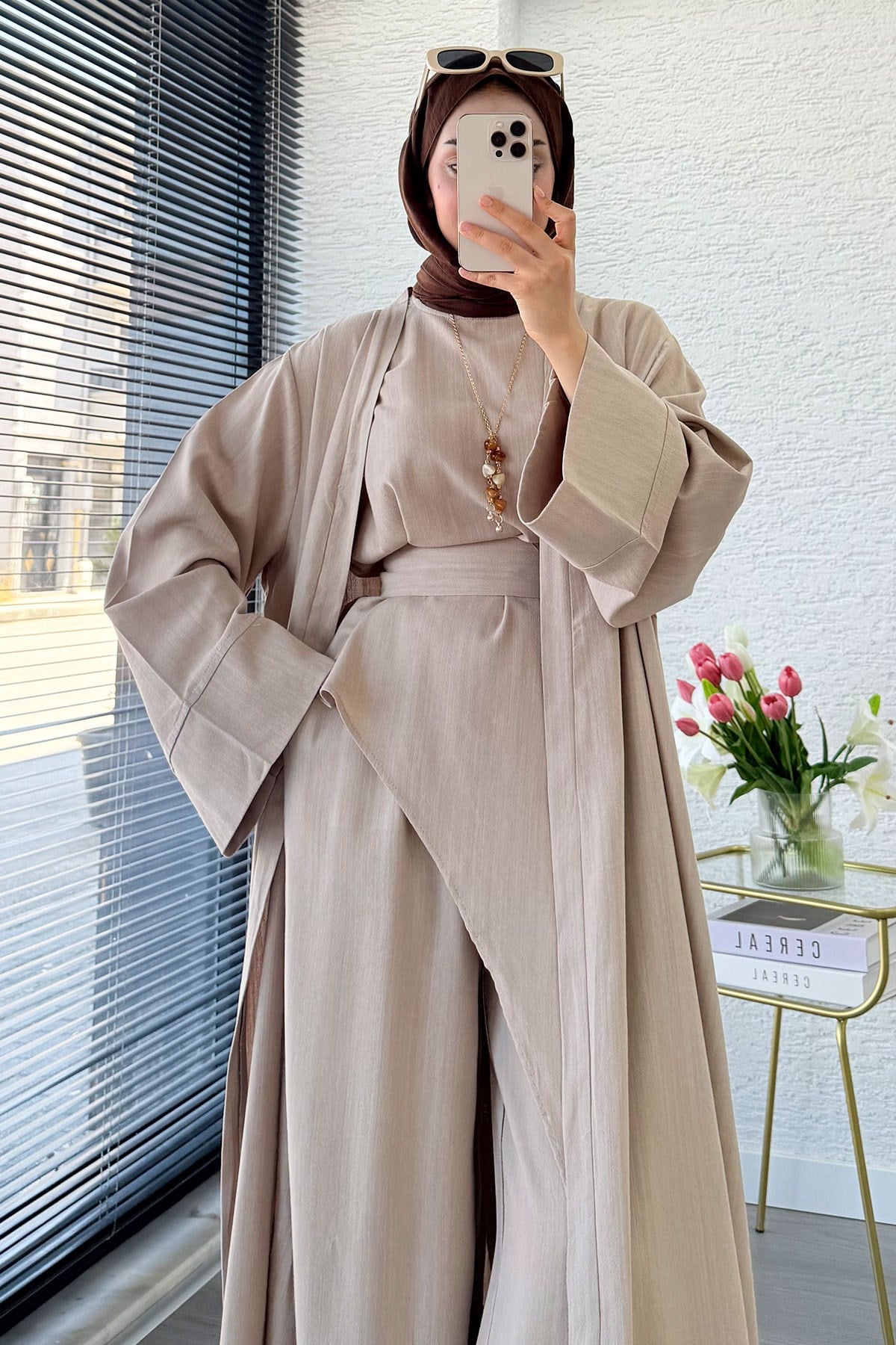 Premium Miena Keten Üçlü Abaya Takım - Vizon