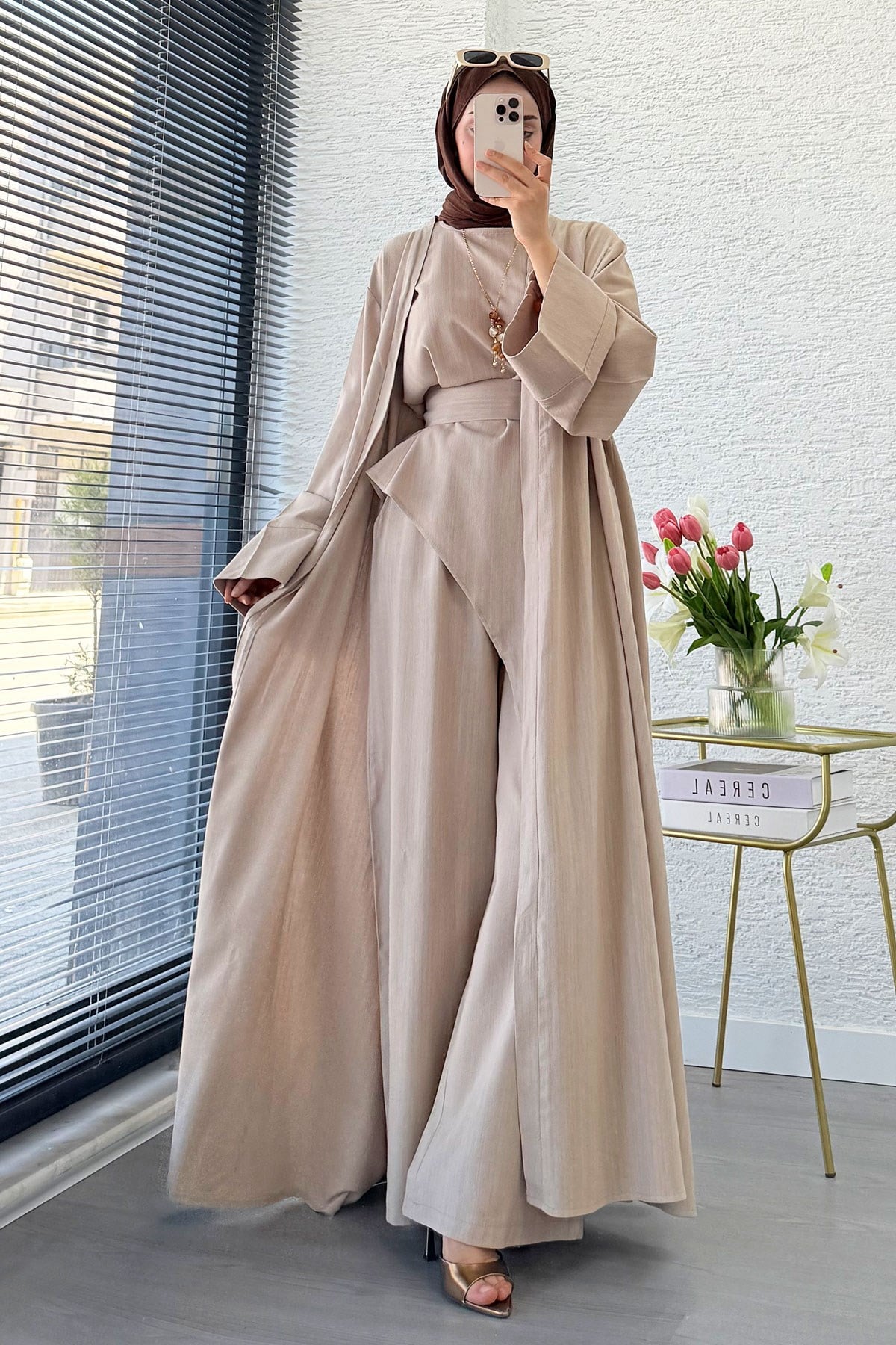 Premium Miena Keten Üçlü Abaya Takım - Vizon