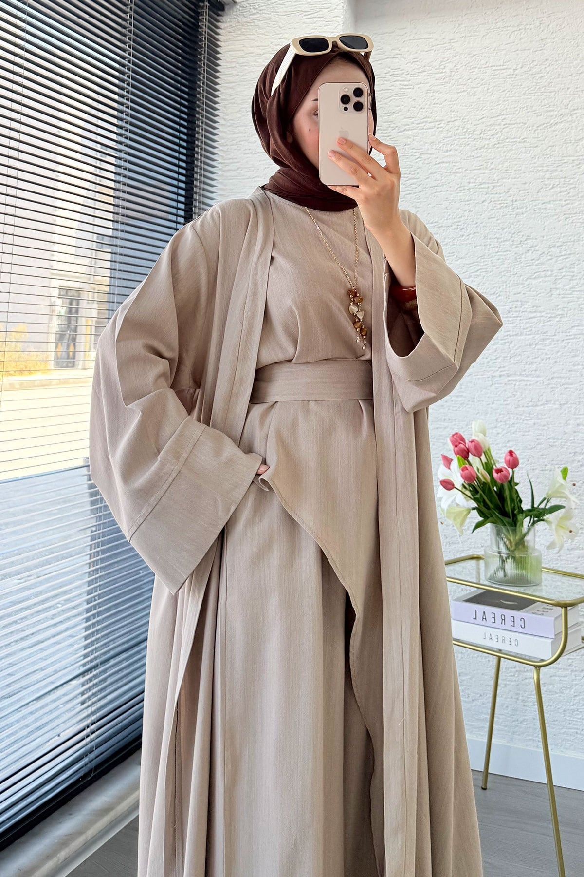 Premium Miena Keten Üçlü Abaya Takım - Vizon