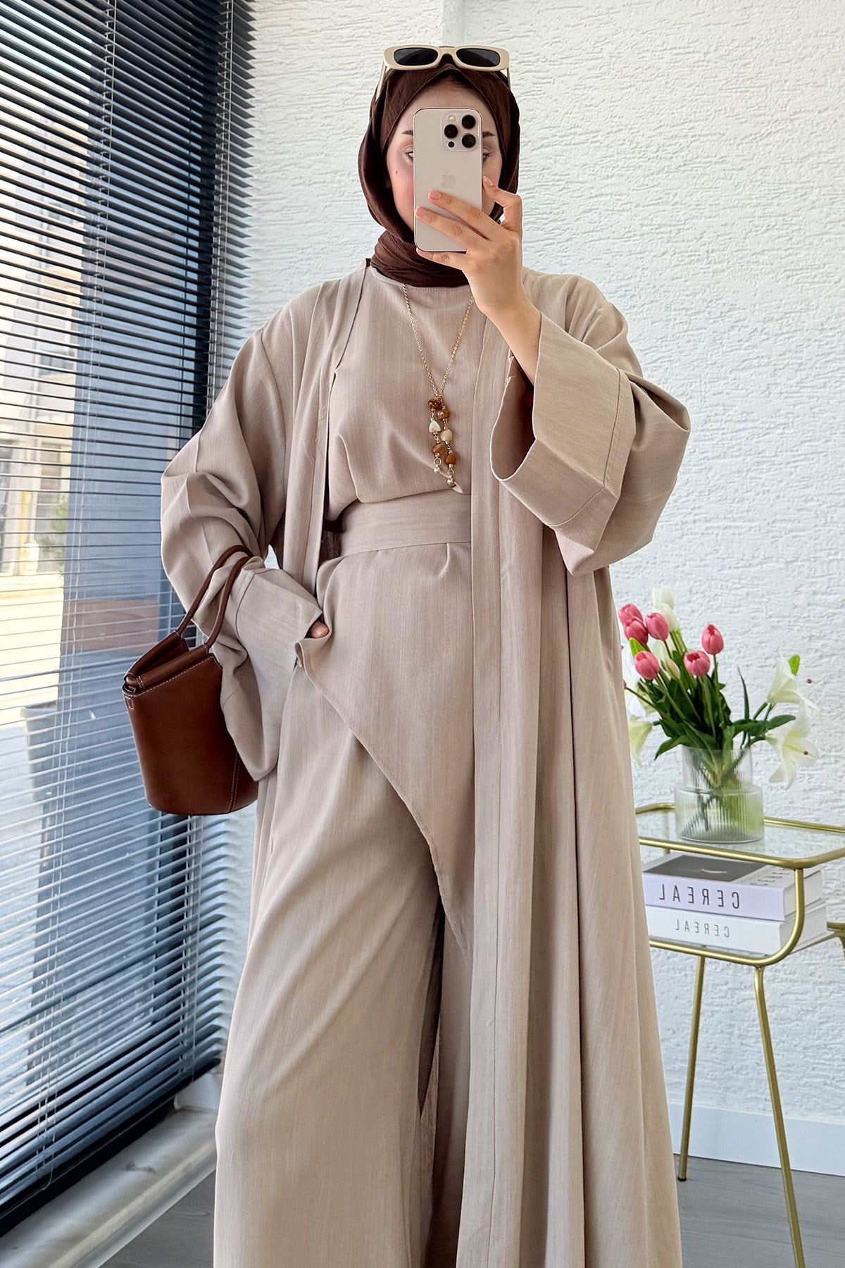 Premium Miena Keten Üçlü Abaya Takım - Vizon