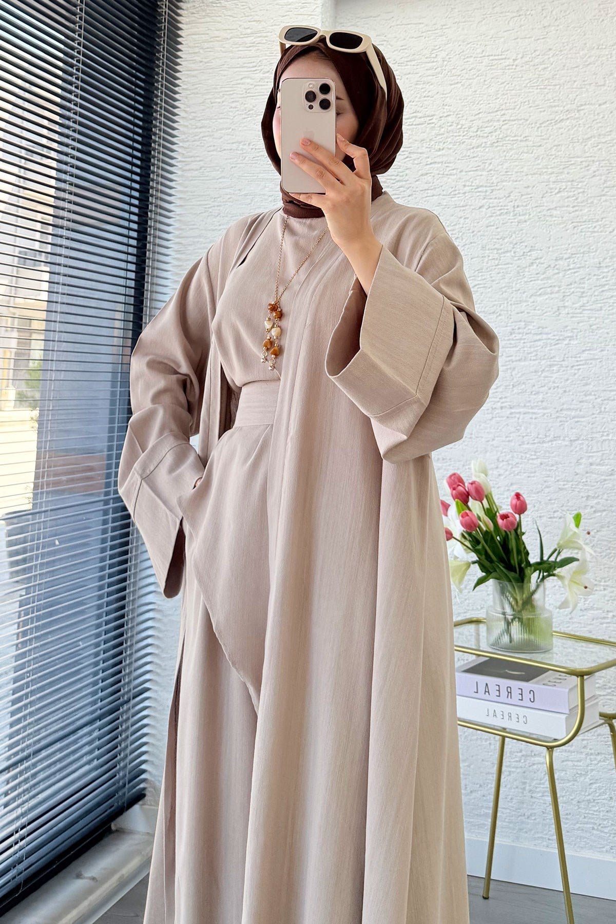 Premium Miena Keten Üçlü Abaya Takım - Vizon