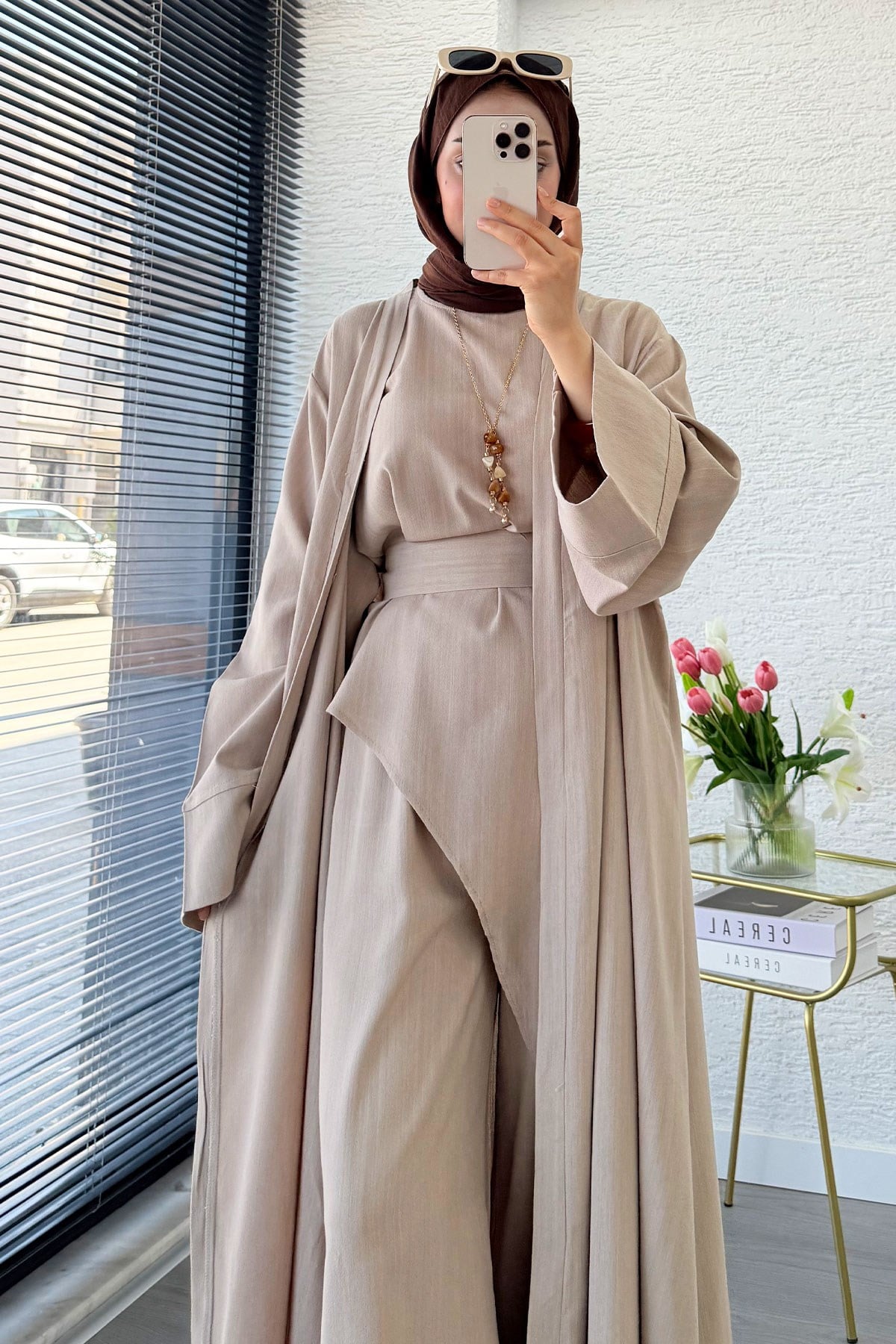 Premium Miena Keten Üçlü Abaya Takım - Vizon