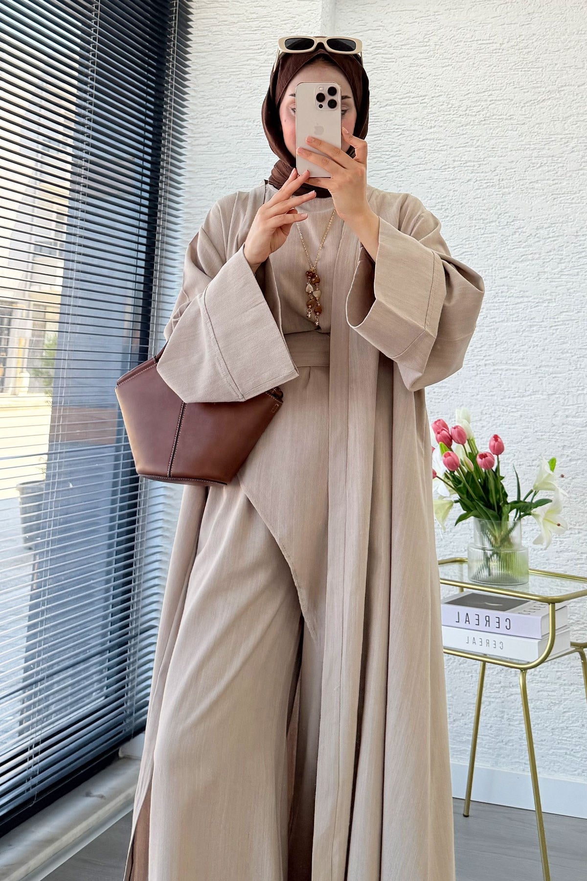 Premium Miena Keten Üçlü Abaya Takım - Vizon