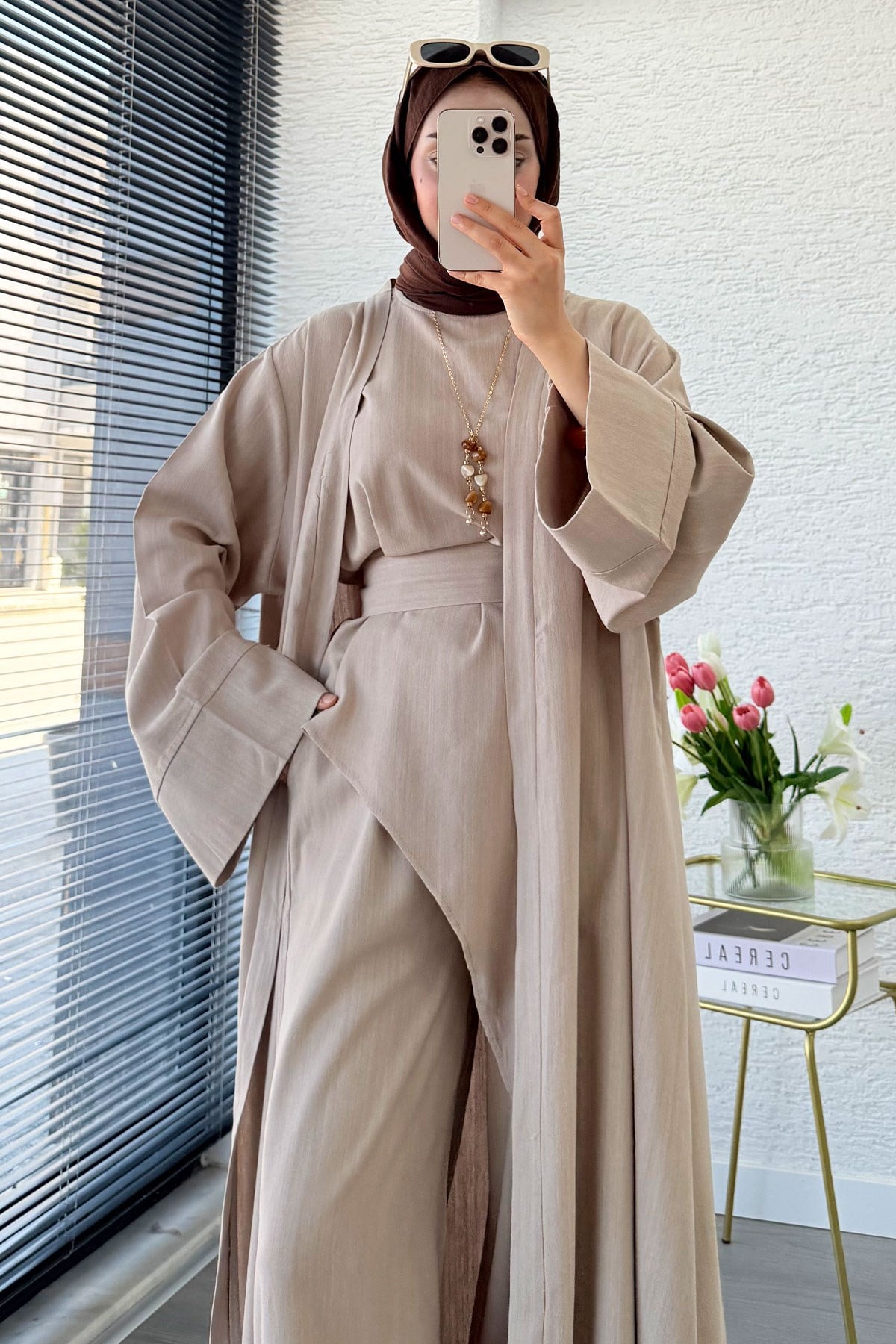 Premium Miena Keten Üçlü Abaya Takım - Vizon