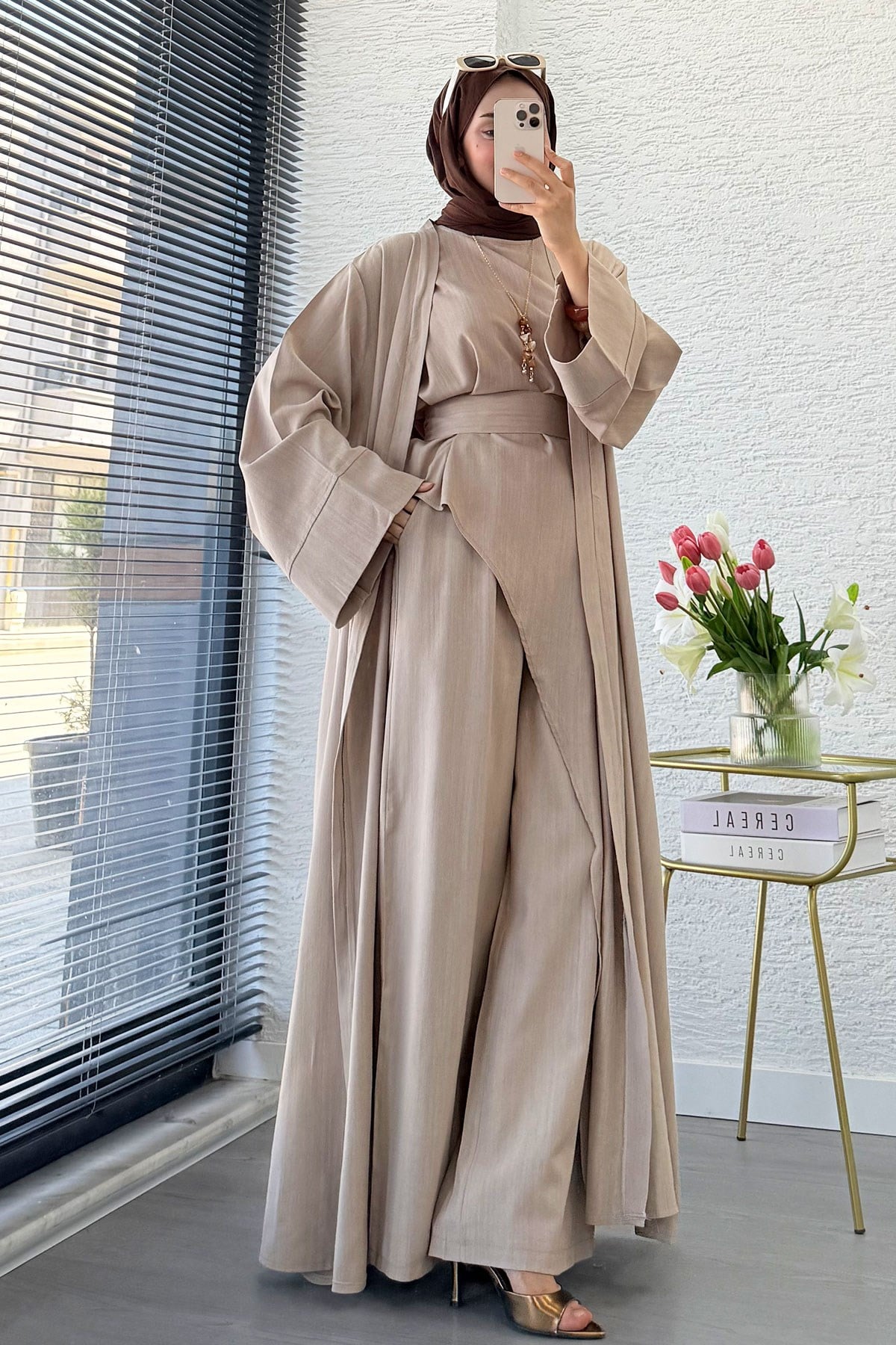 Premium Miena Keten Üçlü Abaya Takım - Vizon