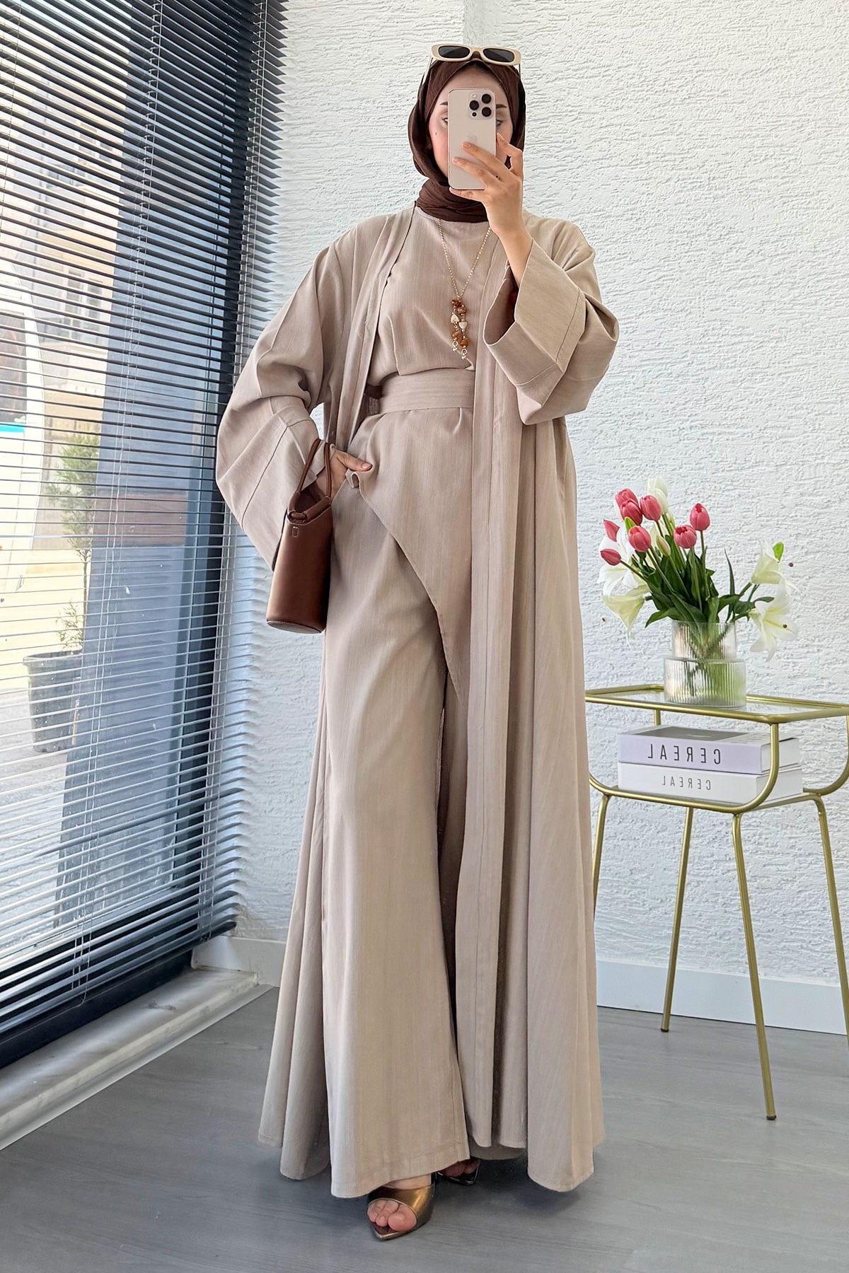 Premium Miena Keten Üçlü Abaya Takım - Vizon