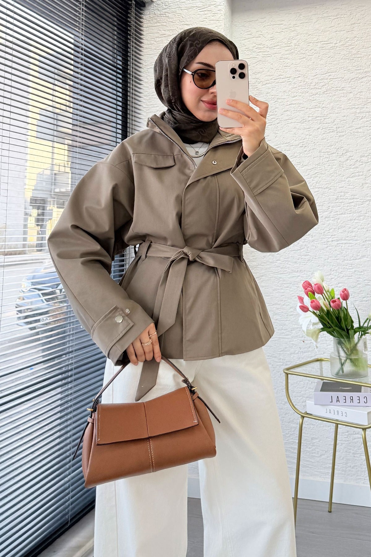 Premıum Mngo Model Dik Yaka Kemerli Ceket - Vizon