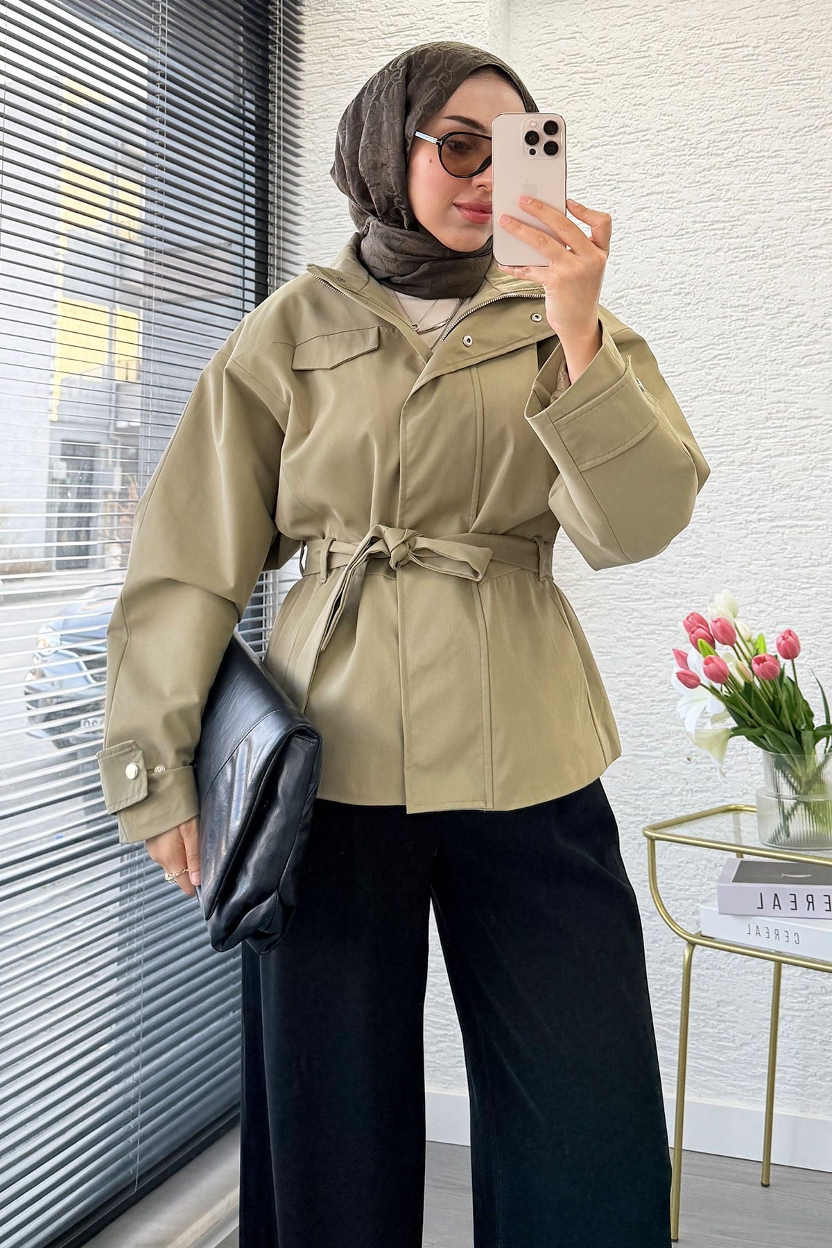 Premıum Mngo Model Dik Yaka Kemerli Ceket - Haki