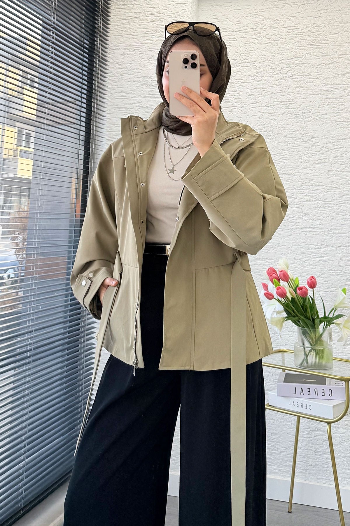 Premıum Mngo Model Dik Yaka Kemerli Ceket - Haki