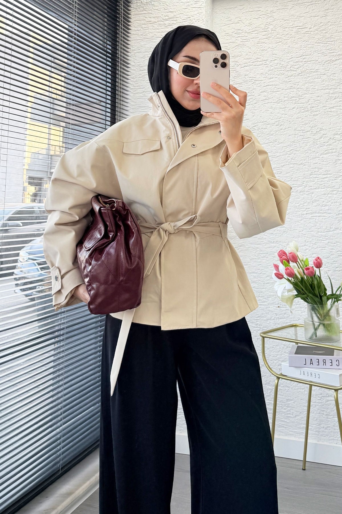 Premıum Mngo Model Dik Yaka Kemerli Ceket - Bej