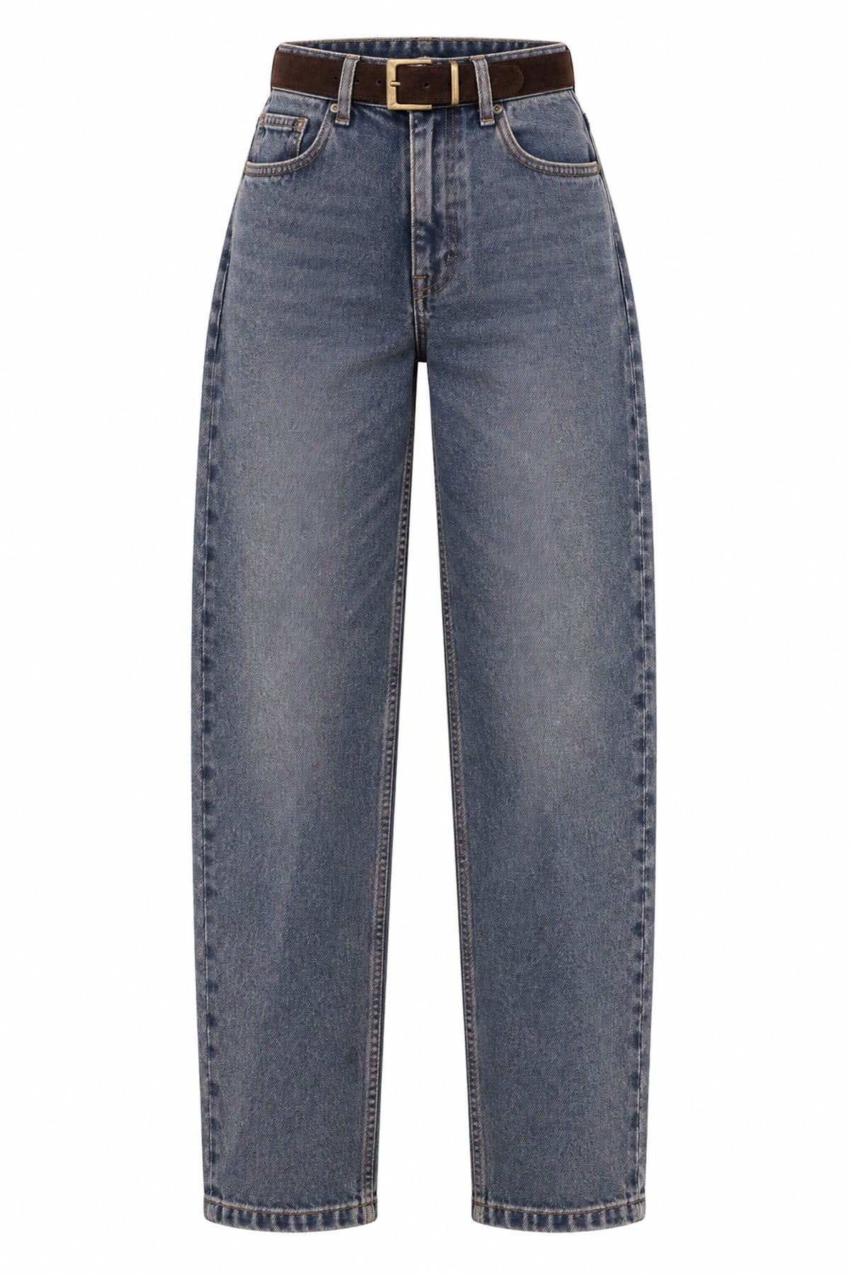 Premium Mom Kesim Kemerli Kadın Jean Pantolon - Kahverengi