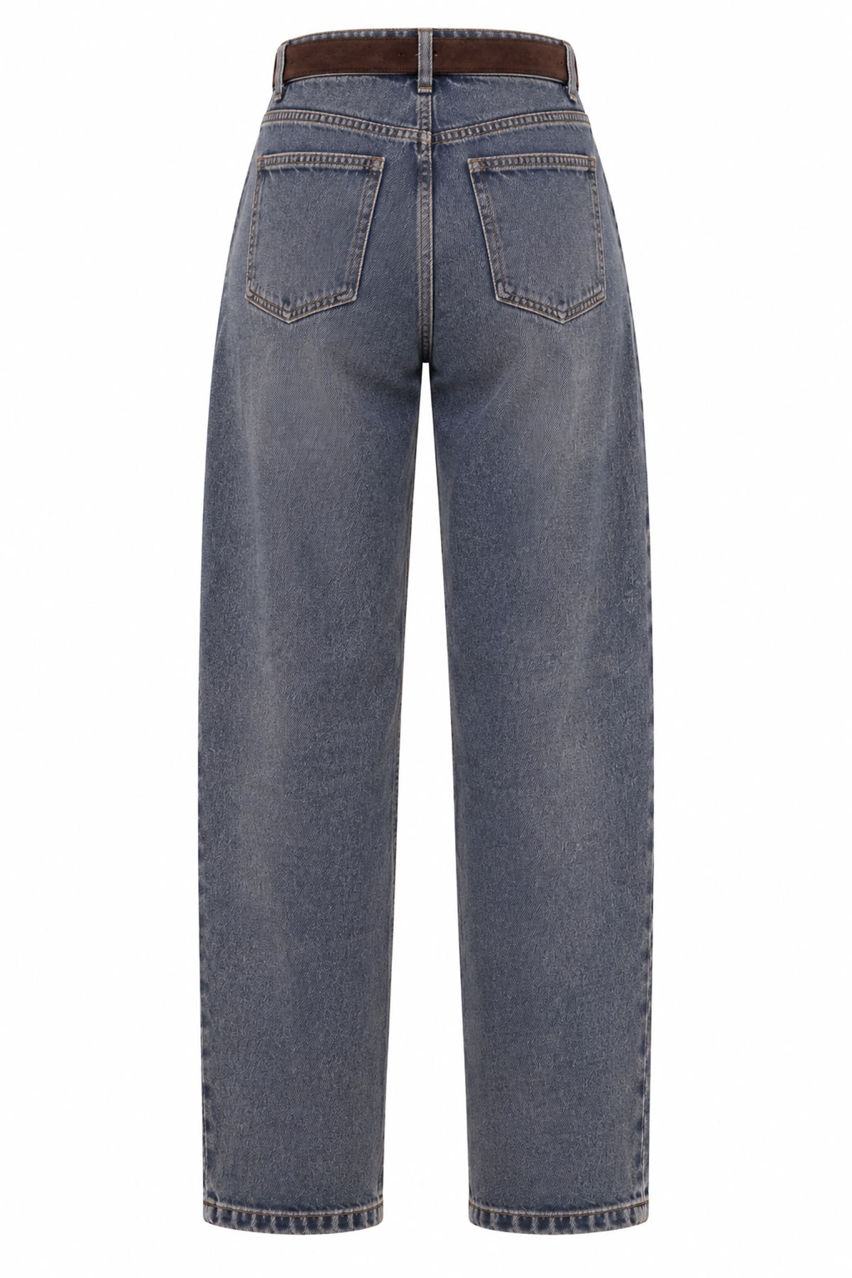 Premium Mom Kesim Kemerli Kadın Jean Pantolon - Kahverengi
