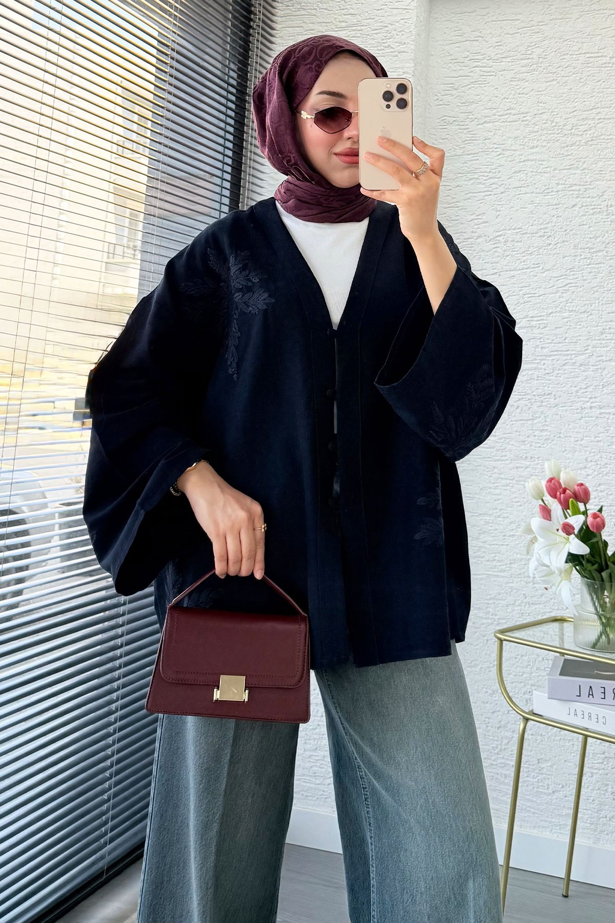 Premıum Nakış İşlemeli V Yaka Keten Kimono - Lacivert