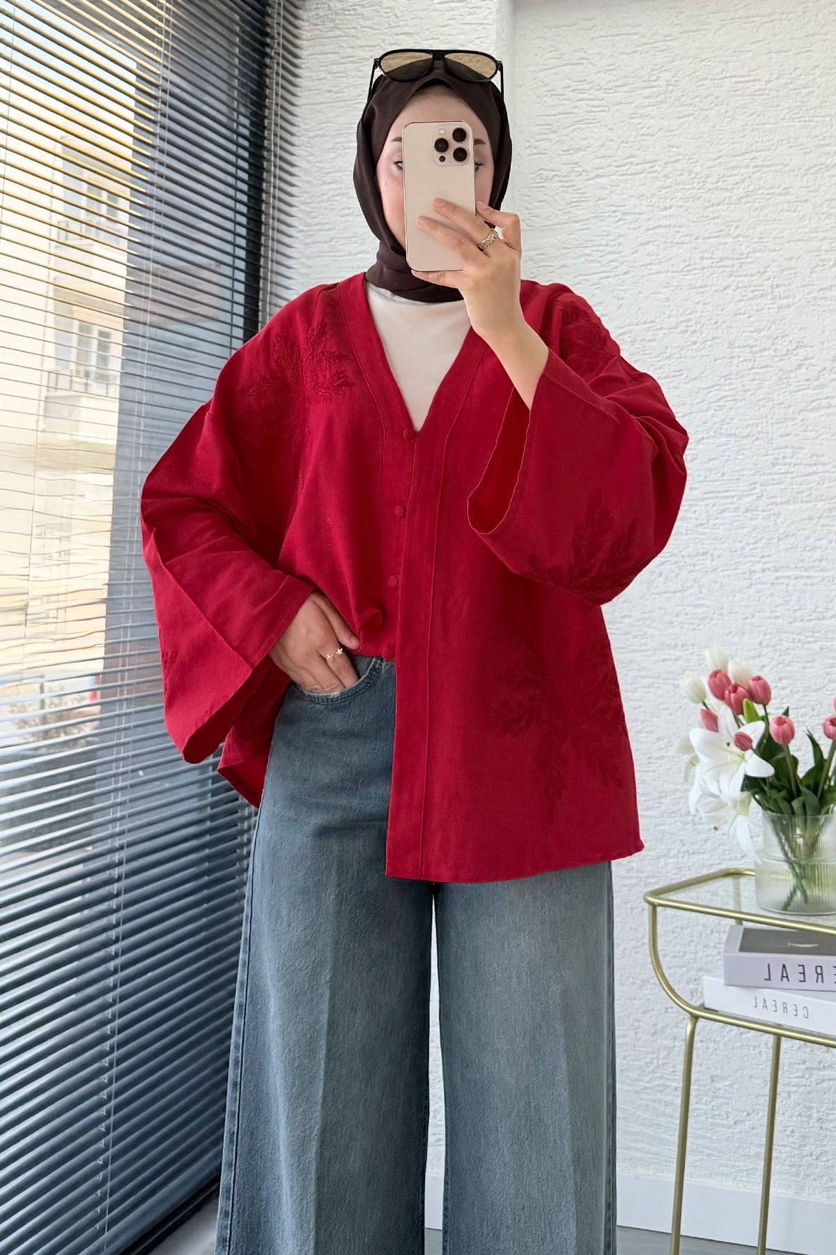 Premıum Nakış İşlemeli V Yaka Keten Kimono - Kırmızı