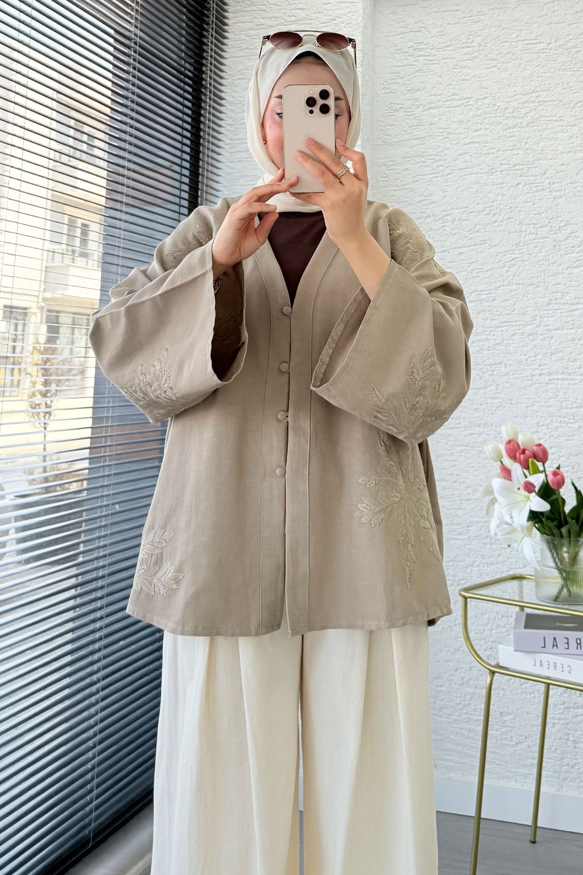 Premıum Nakış İşlemeli V Yaka Keten Kimono - Vizon