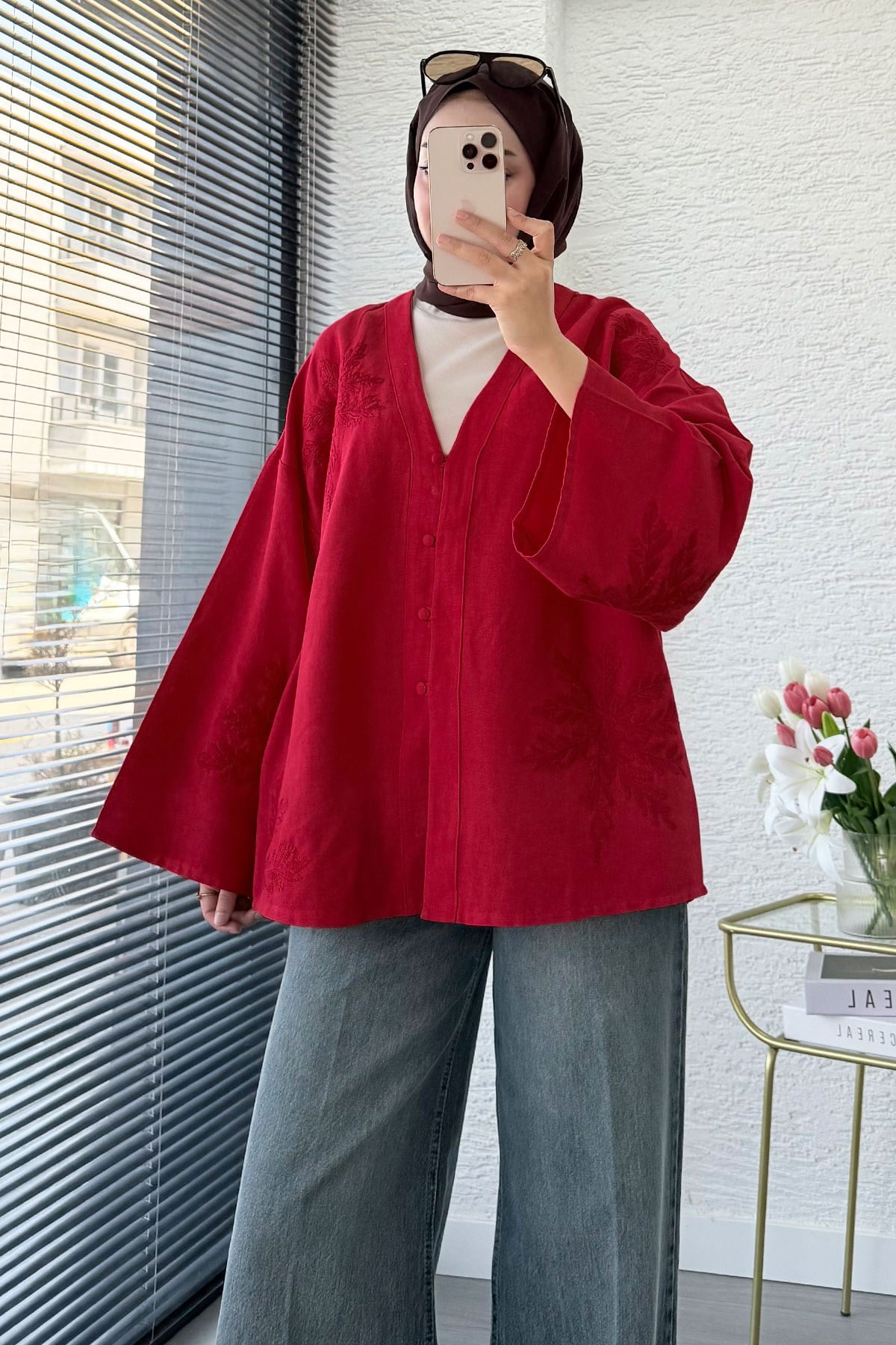 Premıum Nakış İşlemeli V Yaka Keten Kimono - Kırmızı