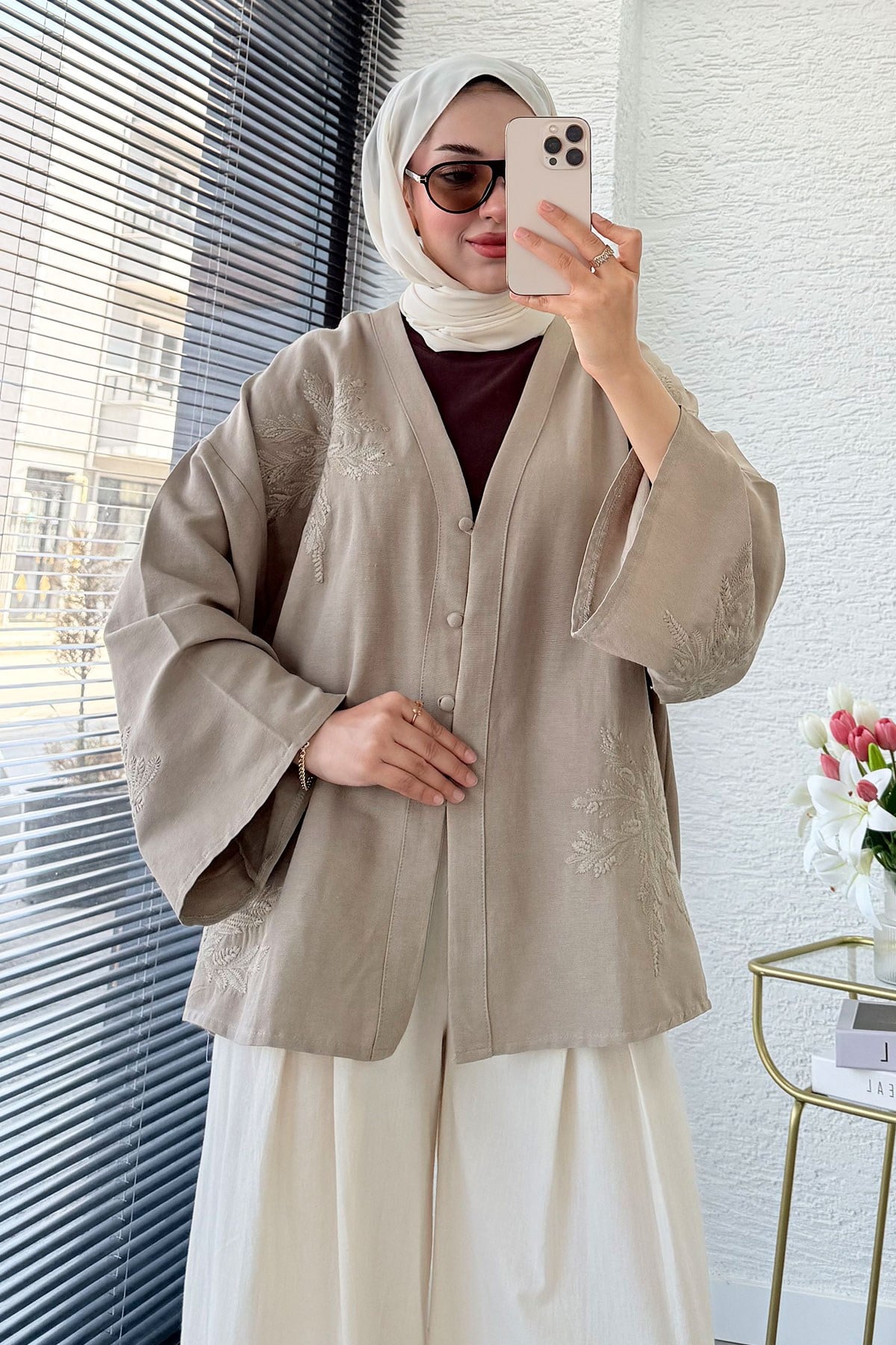 Premıum Nakış İşlemeli V Yaka Keten Kimono - Vizon