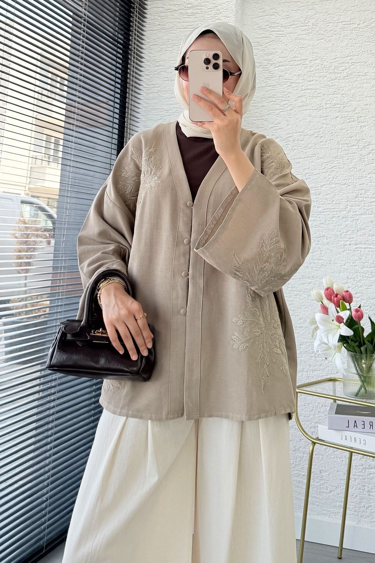 Premıum Nakış İşlemeli V Yaka Keten Kimono - Vizon
