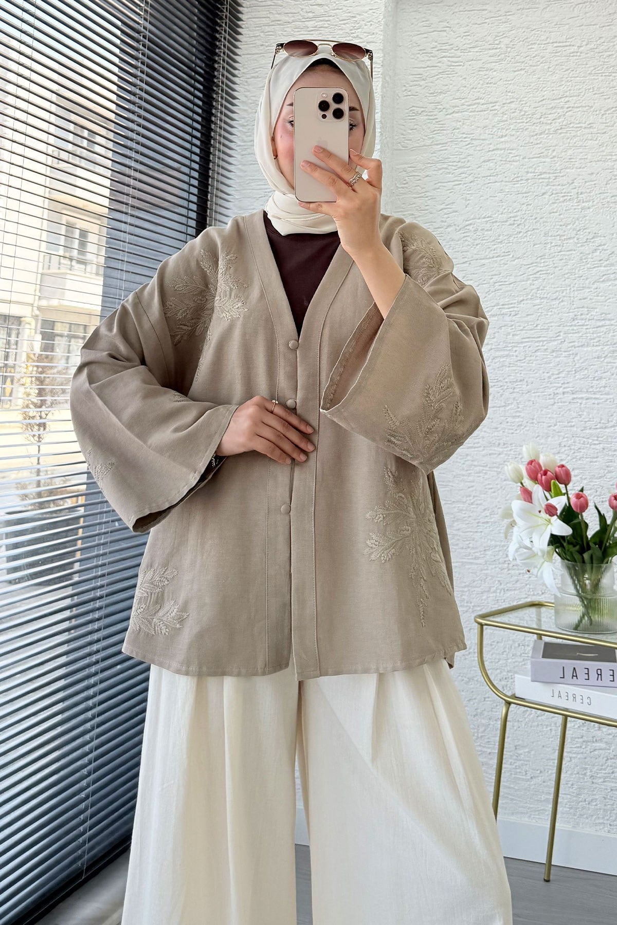 Premıum Nakış İşlemeli V Yaka Keten Kimono - Vizon