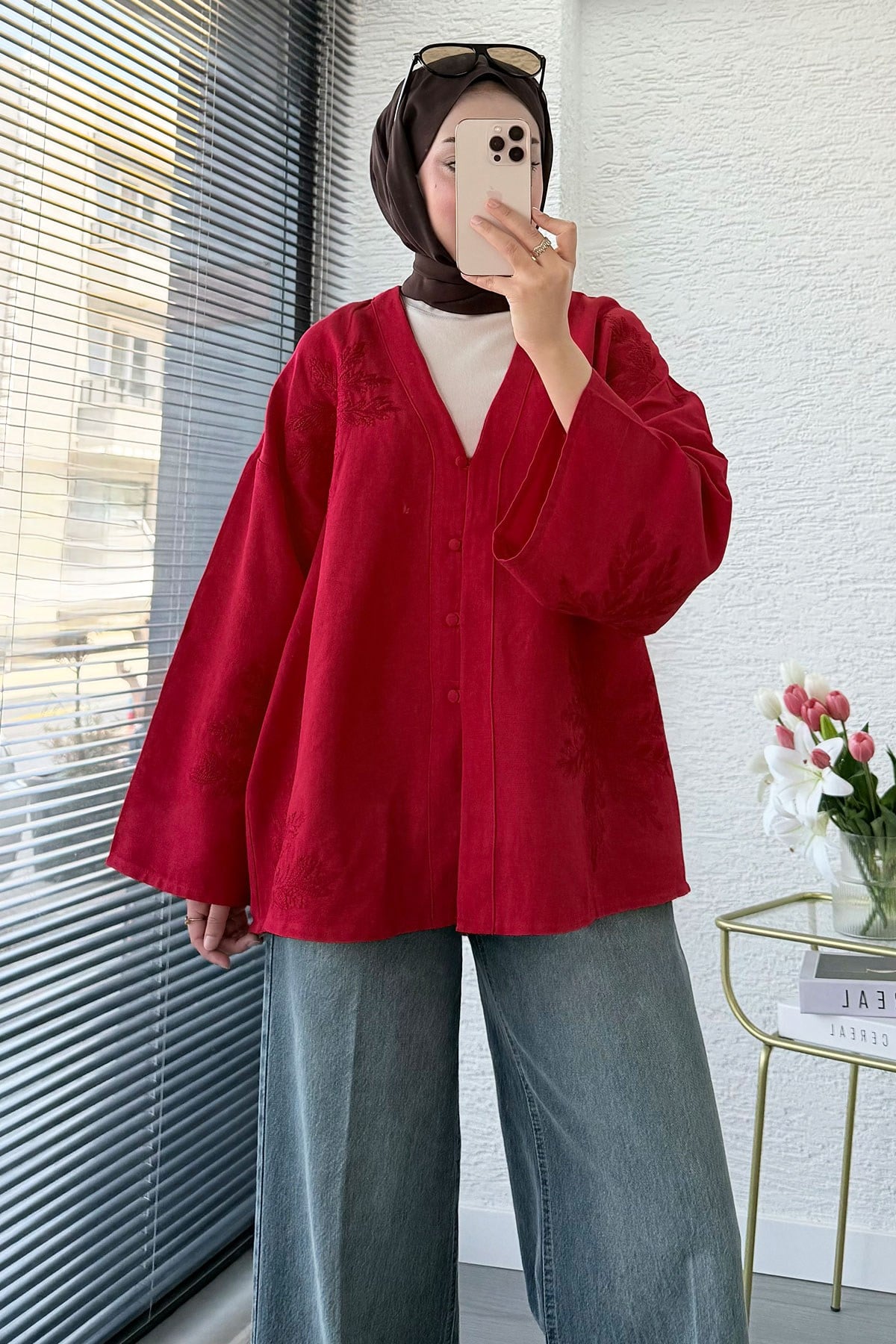 Premıum Nakış İşlemeli V Yaka Keten Kimono - Kırmızı