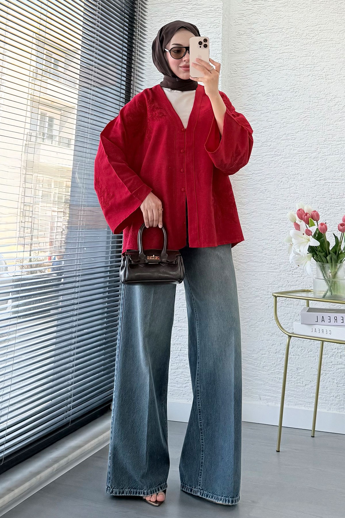 Premıum Nakış İşlemeli V Yaka Keten Kimono - Kırmızı
