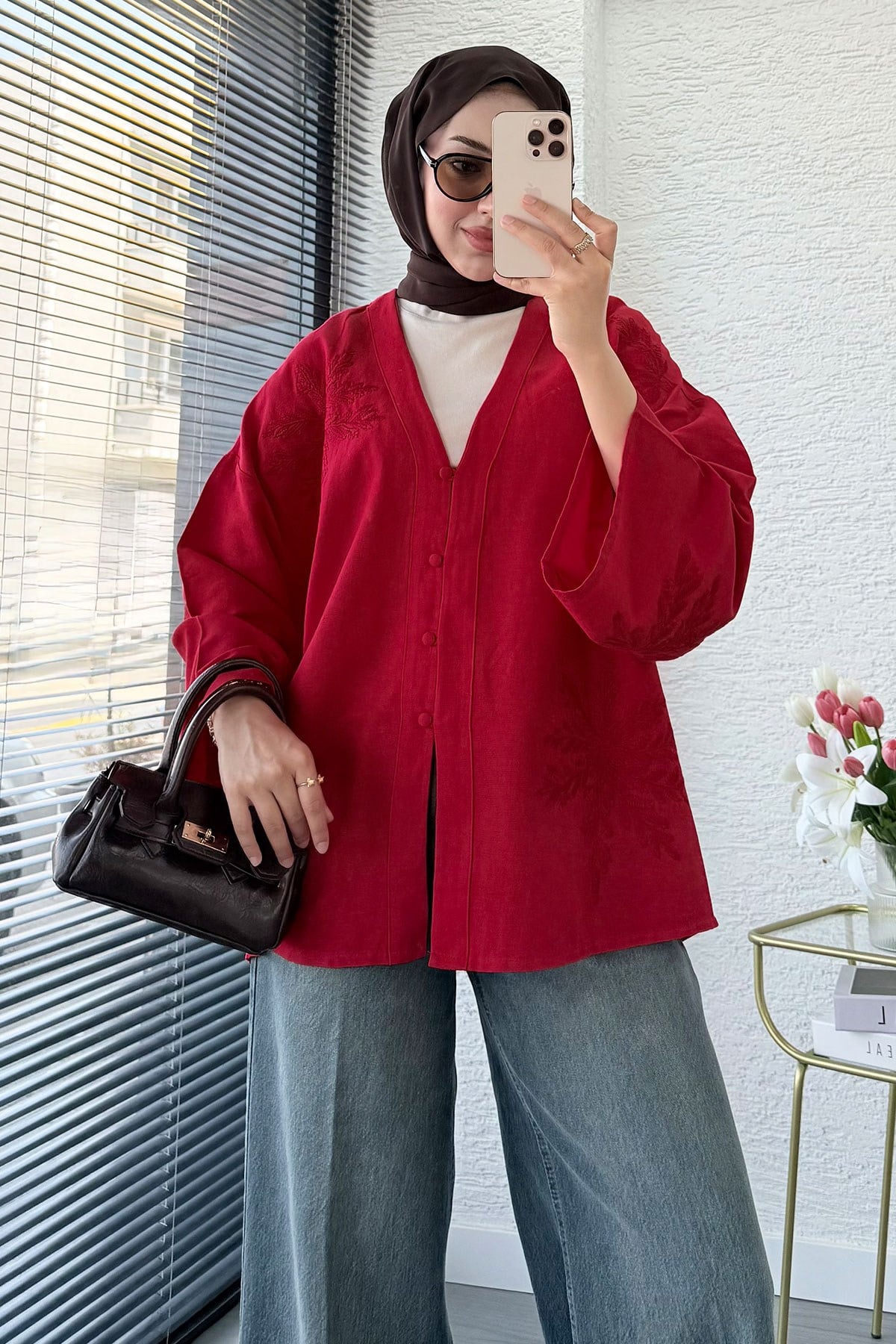 Premıum Nakış İşlemeli V Yaka Keten Kimono - Kırmızı