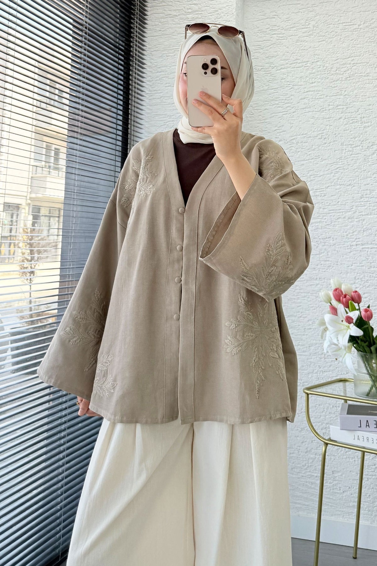 Premıum Nakış İşlemeli V Yaka Keten Kimono - Vizon