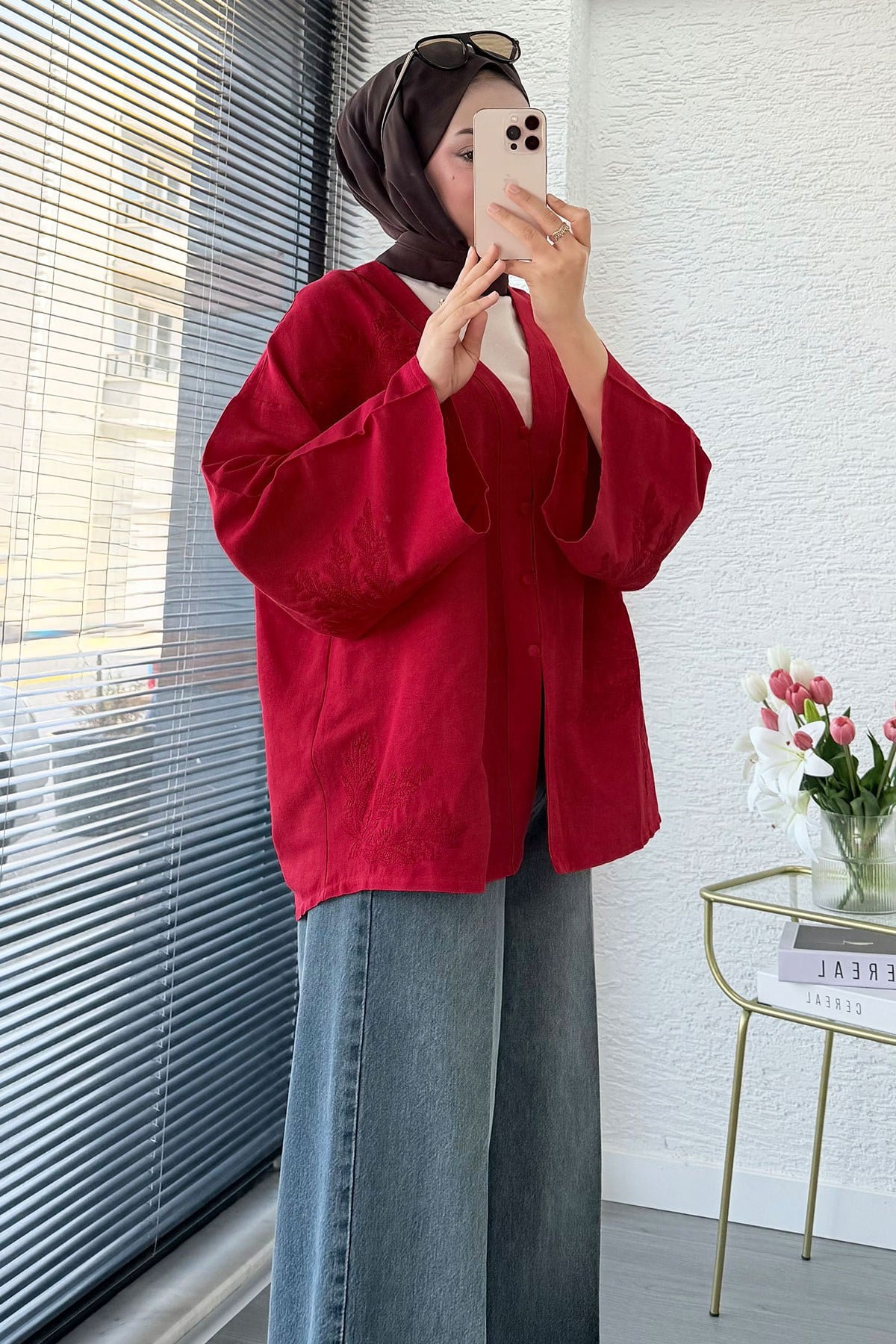 Premıum Nakış İşlemeli V Yaka Keten Kimono - Kırmızı