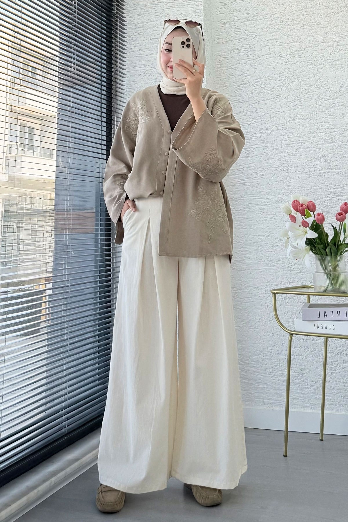 Premıum Nakış İşlemeli V Yaka Keten Kimono - Vizon