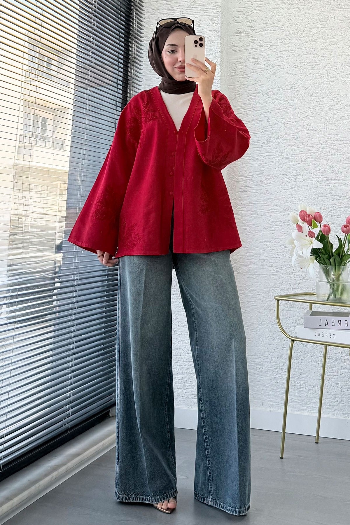 Premıum Nakış İşlemeli V Yaka Keten Kimono - Kırmızı