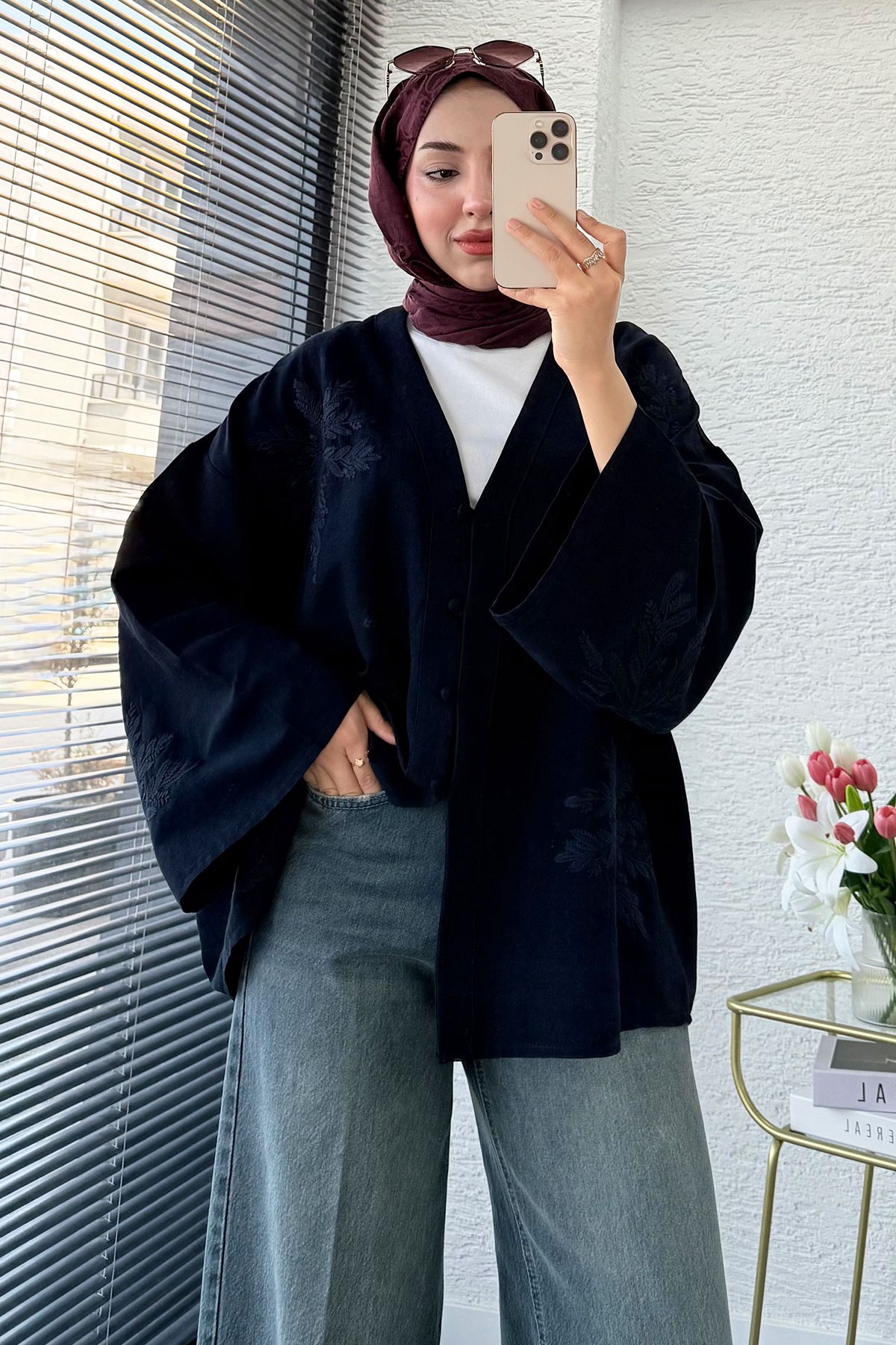 Premıum Nakış İşlemeli V Yaka Keten Kimono - Lacivert