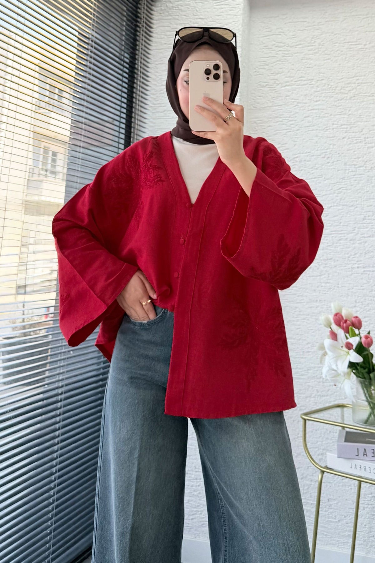 Premıum Nakış İşlemeli V Yaka Keten Kimono - Kırmızı