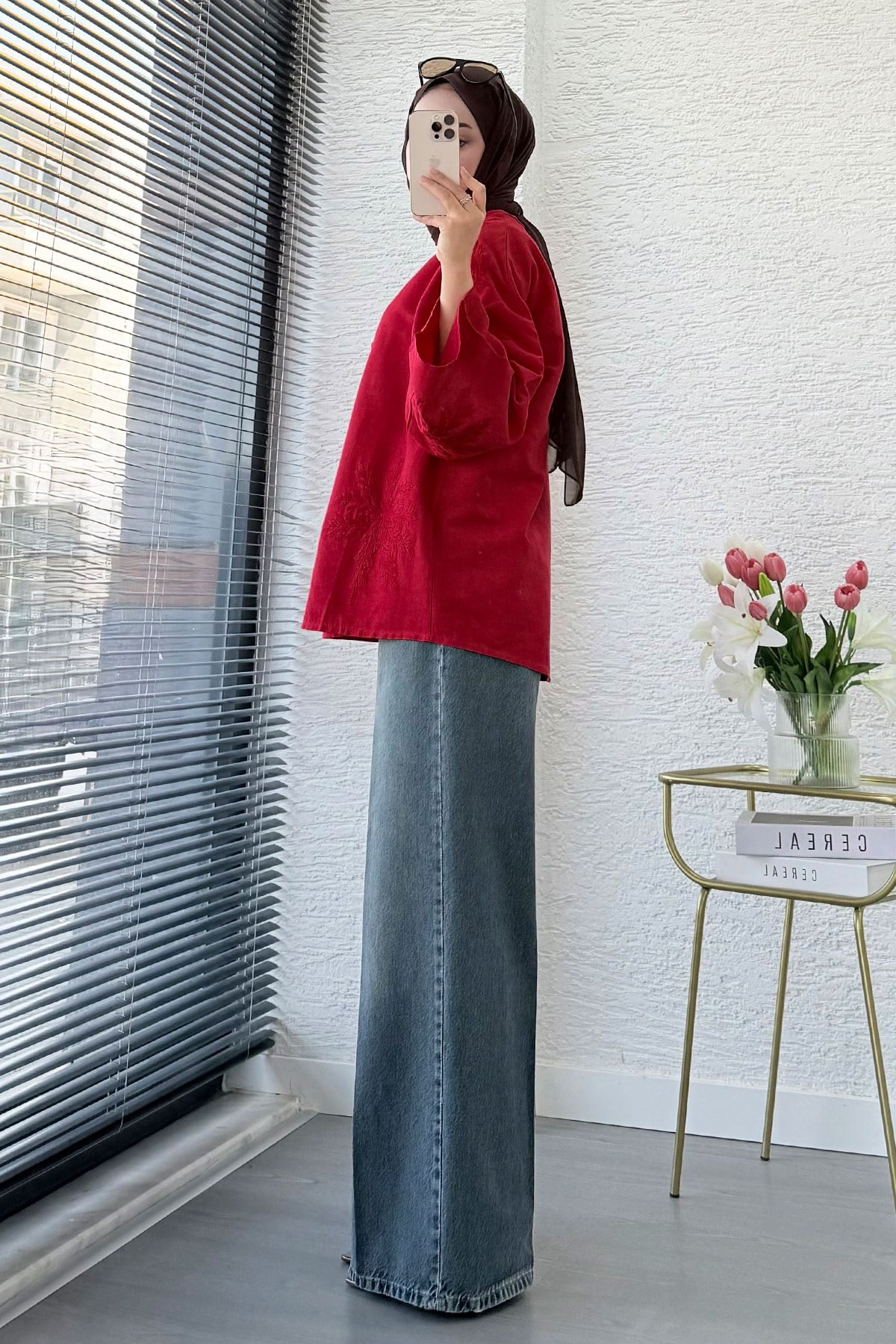 Premıum Nakış İşlemeli V Yaka Keten Kimono - Kırmızı