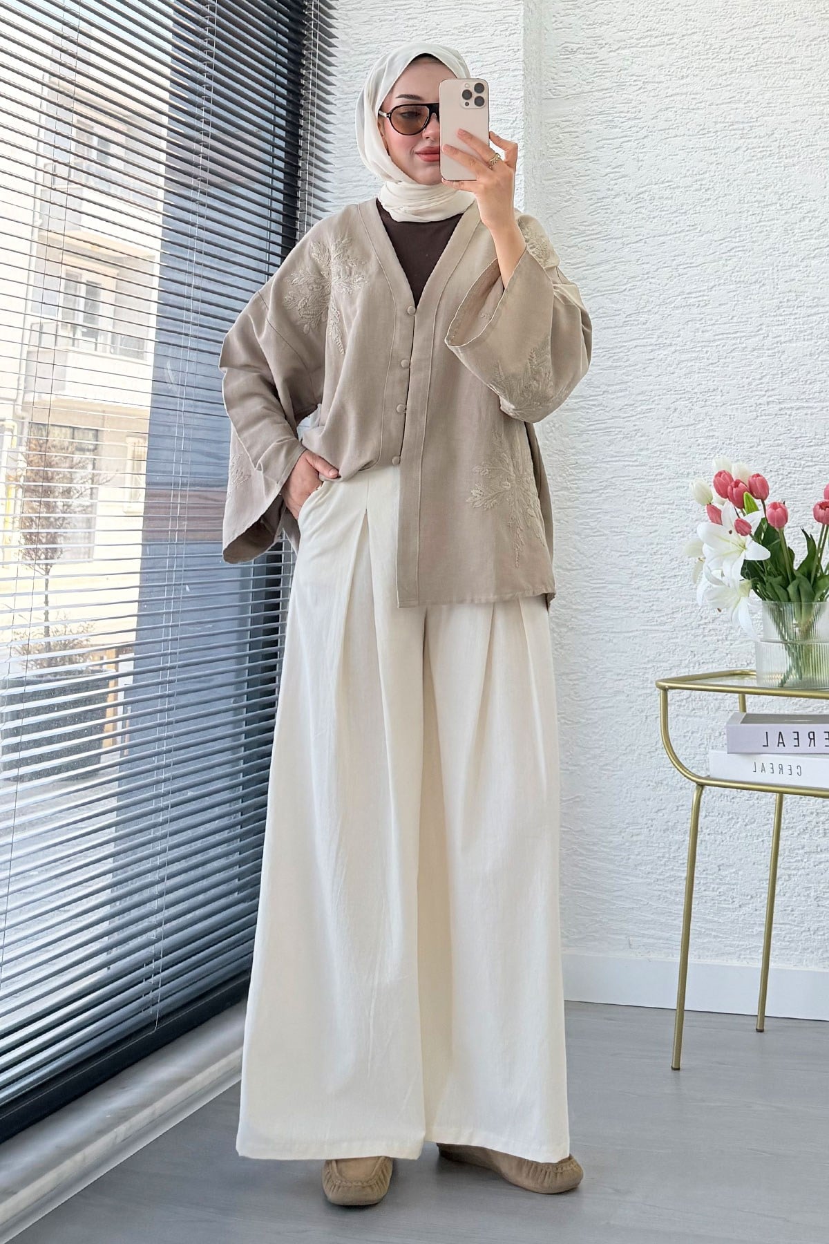 Premıum Nakış İşlemeli V Yaka Keten Kimono - Vizon
