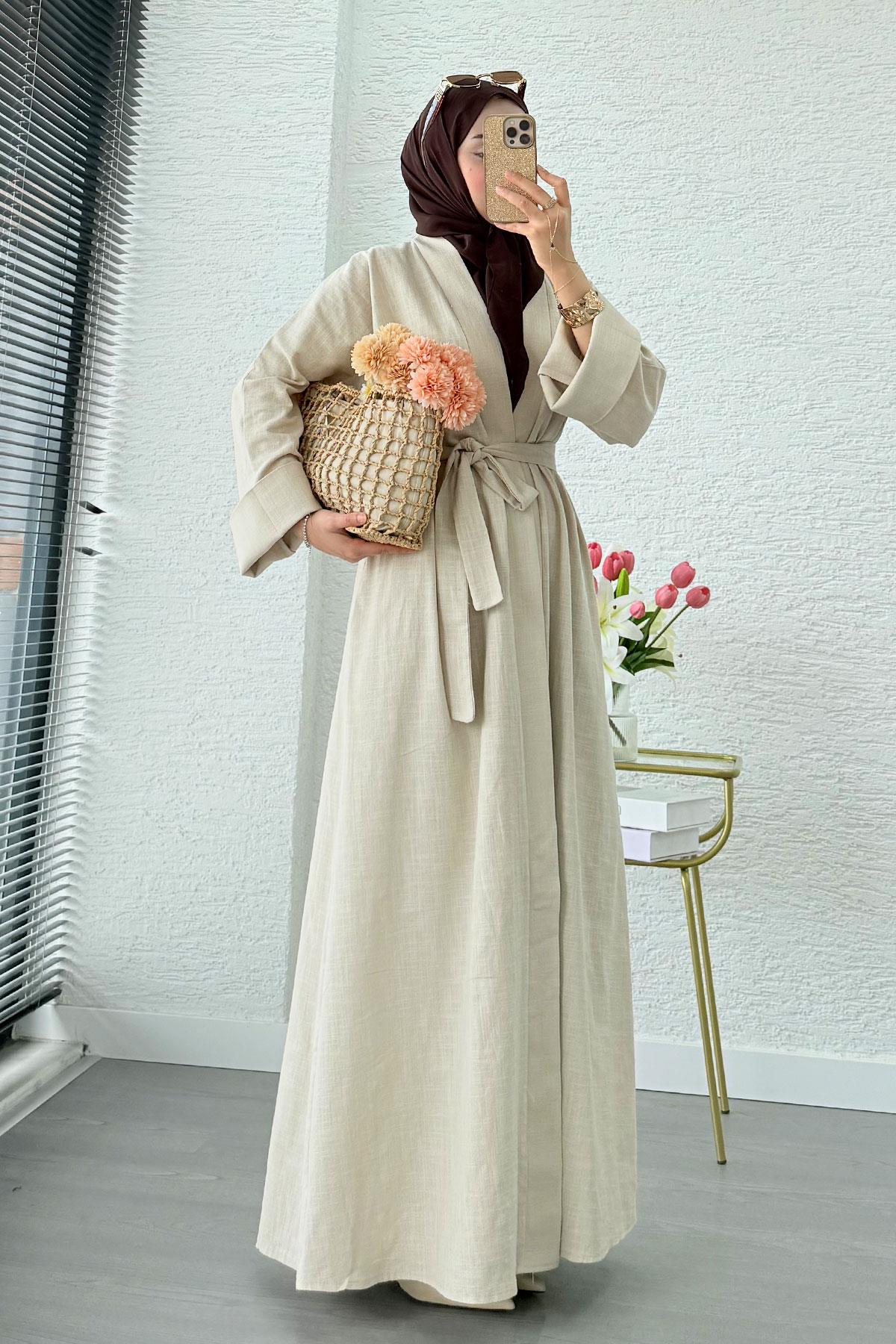 Premium Natural Aysha Keten Abaya Takım – Bej