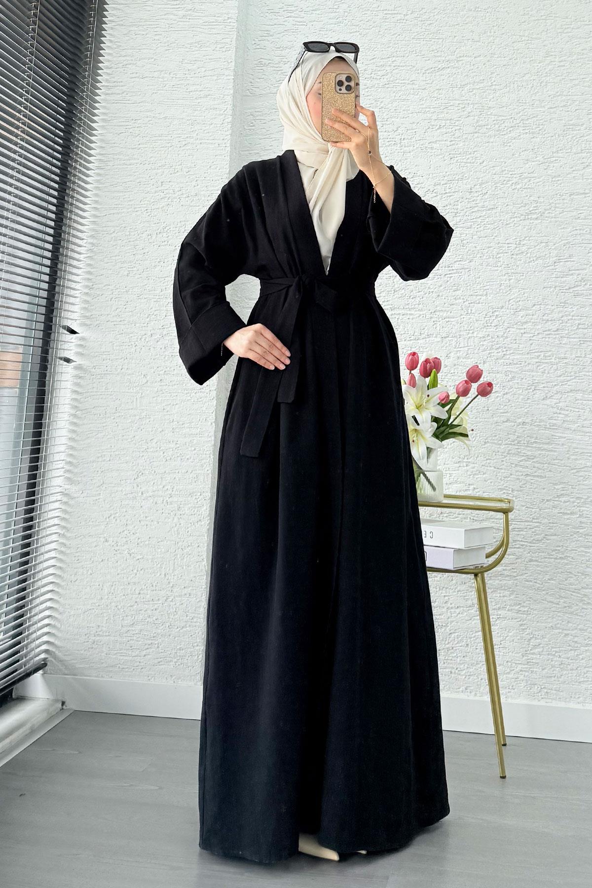 Premium Natural Aysha Keten Abaya Takım – Siyah