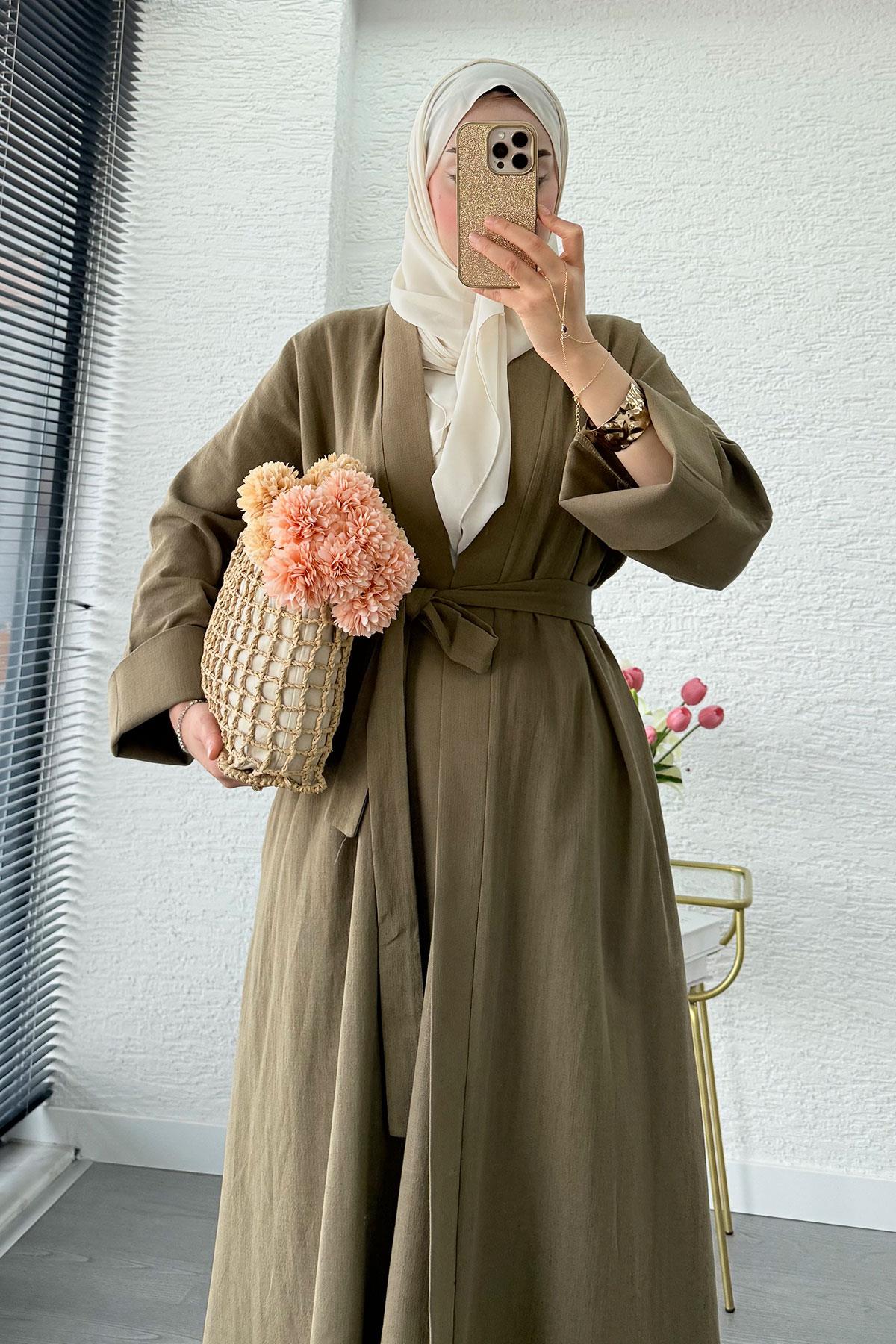 Premium Natural Aysha Keten Abaya Takım – Haki