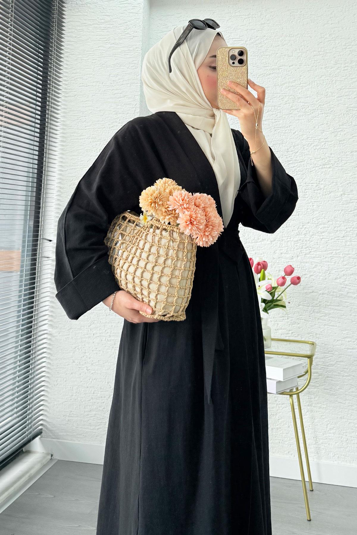 Premium Natural Aysha Keten Abaya Takım – Siyah